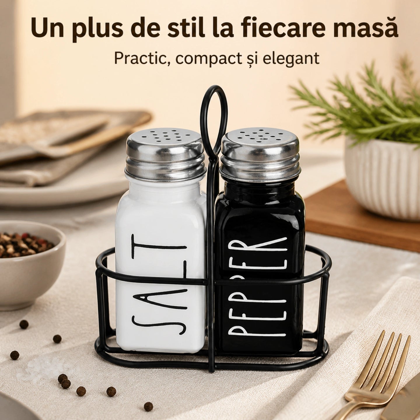 Set Solnita Sare Piper HASEPE® Din Sticla Cu Baza Metalica, Dozator Condimente Elegant 85ml