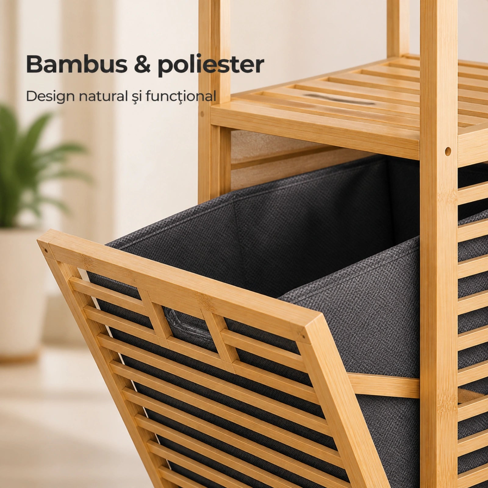 Cos Rufe HASEPE® Din Bambus Cu Rafturi, Cos Rufe Cu Sac Textil Detasabil, 40x30x95cm