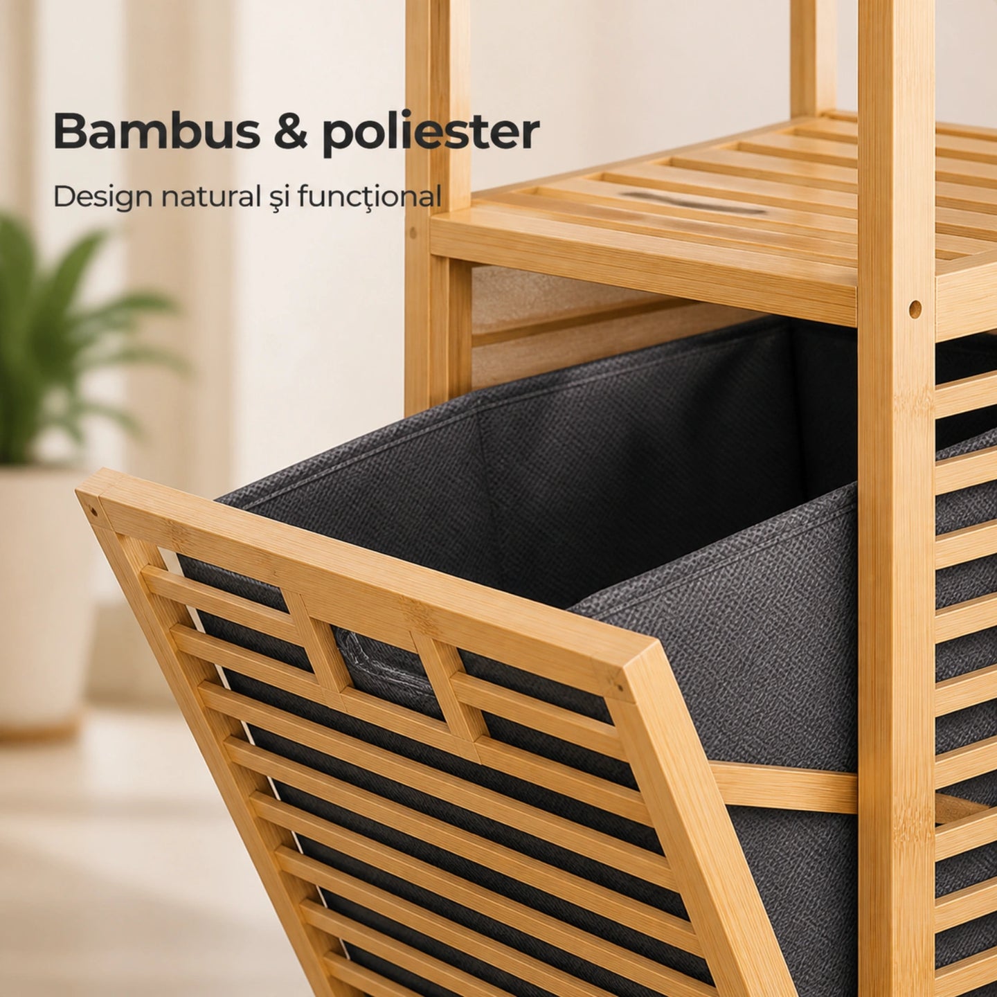 Cos Rufe HASEPE® Din Bambus Cu Rafturi, Cos Rufe Cu Sac Textil Detasabil, 40x30x95cm