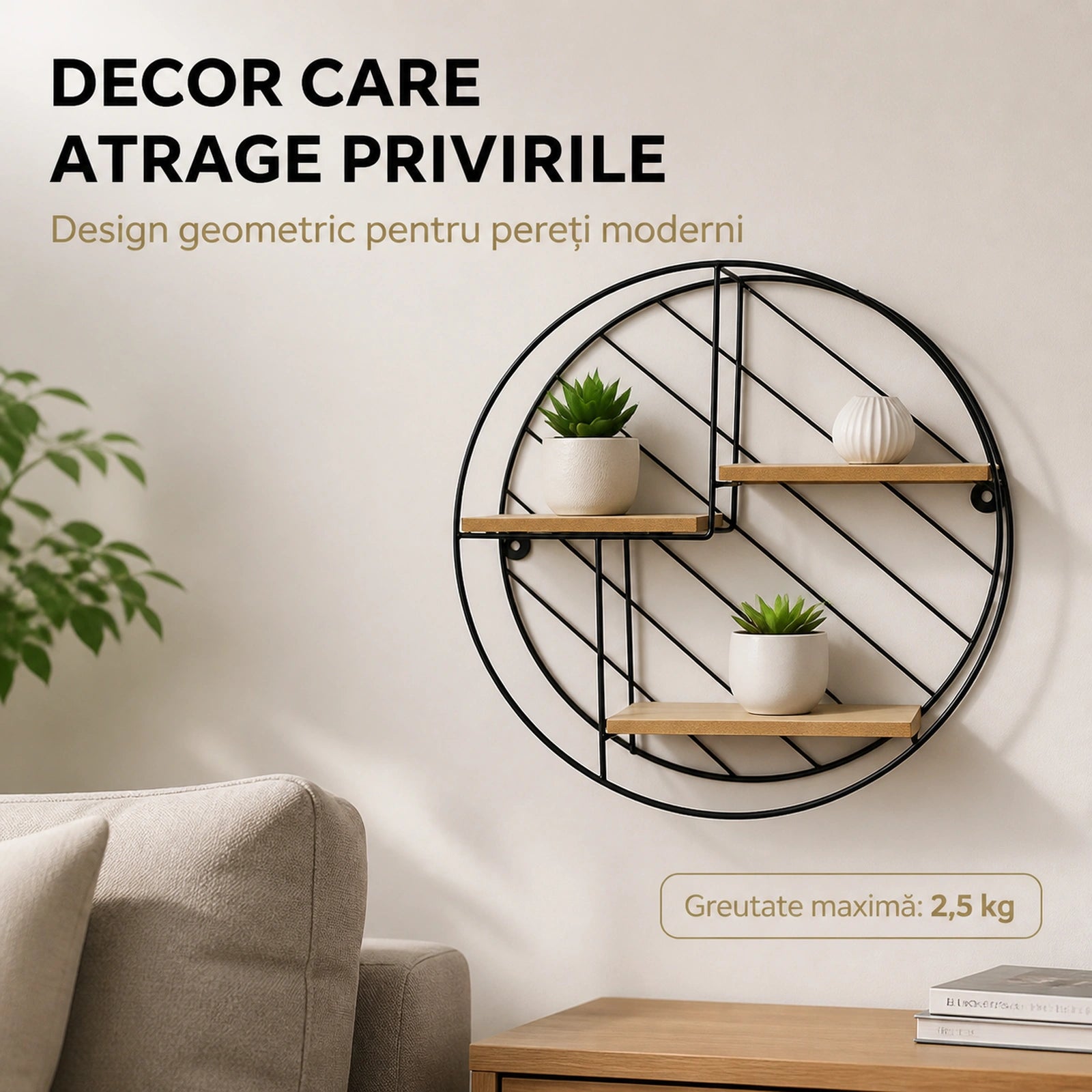 Raft Suspendat HASEPE® Decorativ Rotund, Raft Perete cu 3 Nivele MDF, Etajera Perete Metal si Lemn, Raft Suspendat Ø30x9 cm
