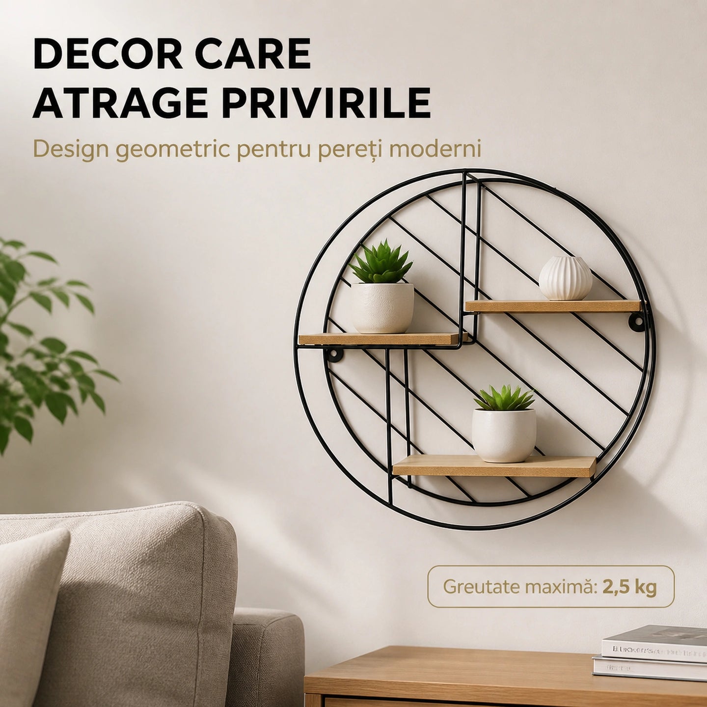 Raft Suspendat HASEPE® Decorativ Rotund, Raft Perete cu 3 Nivele MDF, Etajera Perete Metal si Lemn, Raft Suspendat Ø30x9 cm