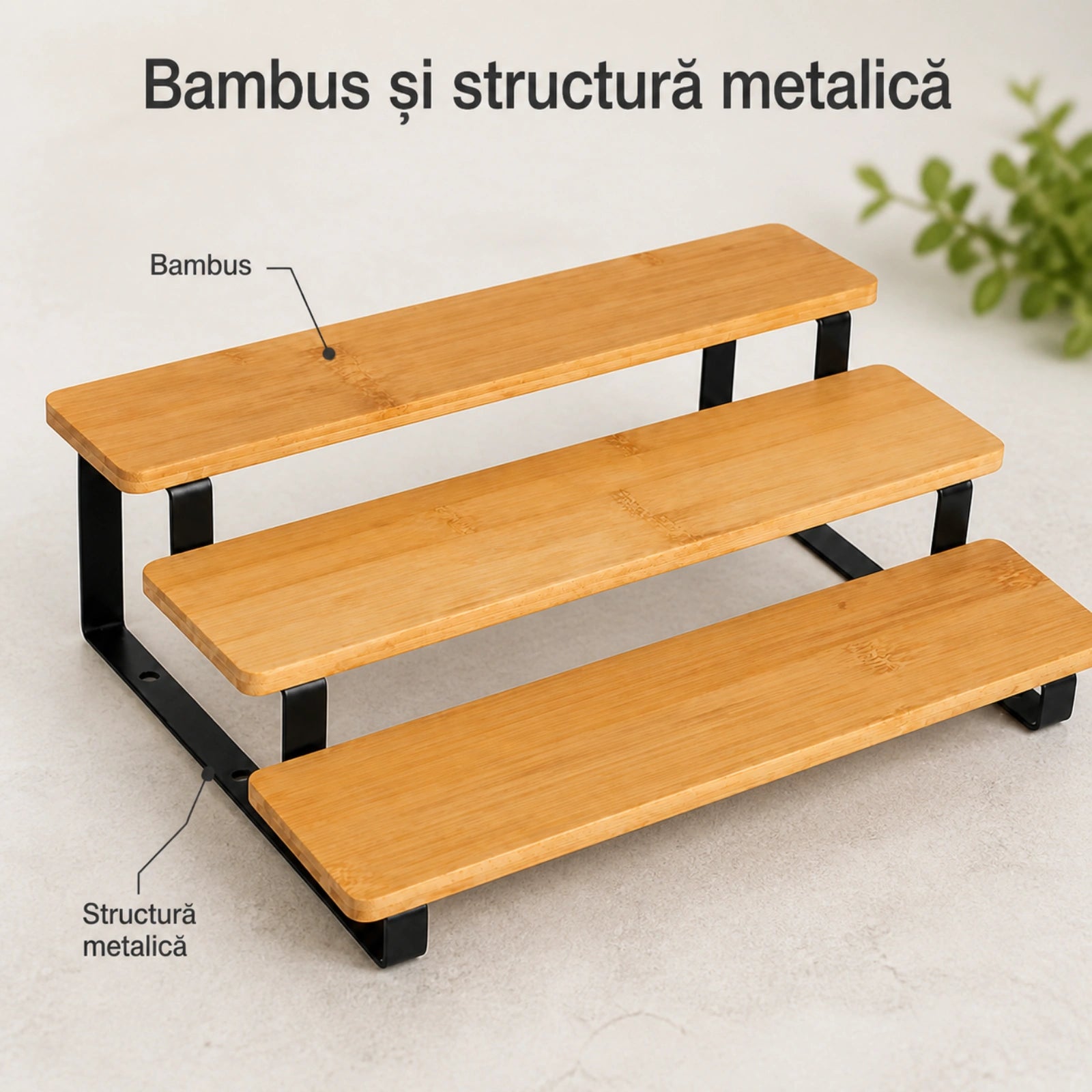 Suport condimente HASEPE® din bambus si metal, organizator condimente cu 3 niveluri pentru bucatarie, suport condimente 32x23x9,8 cm