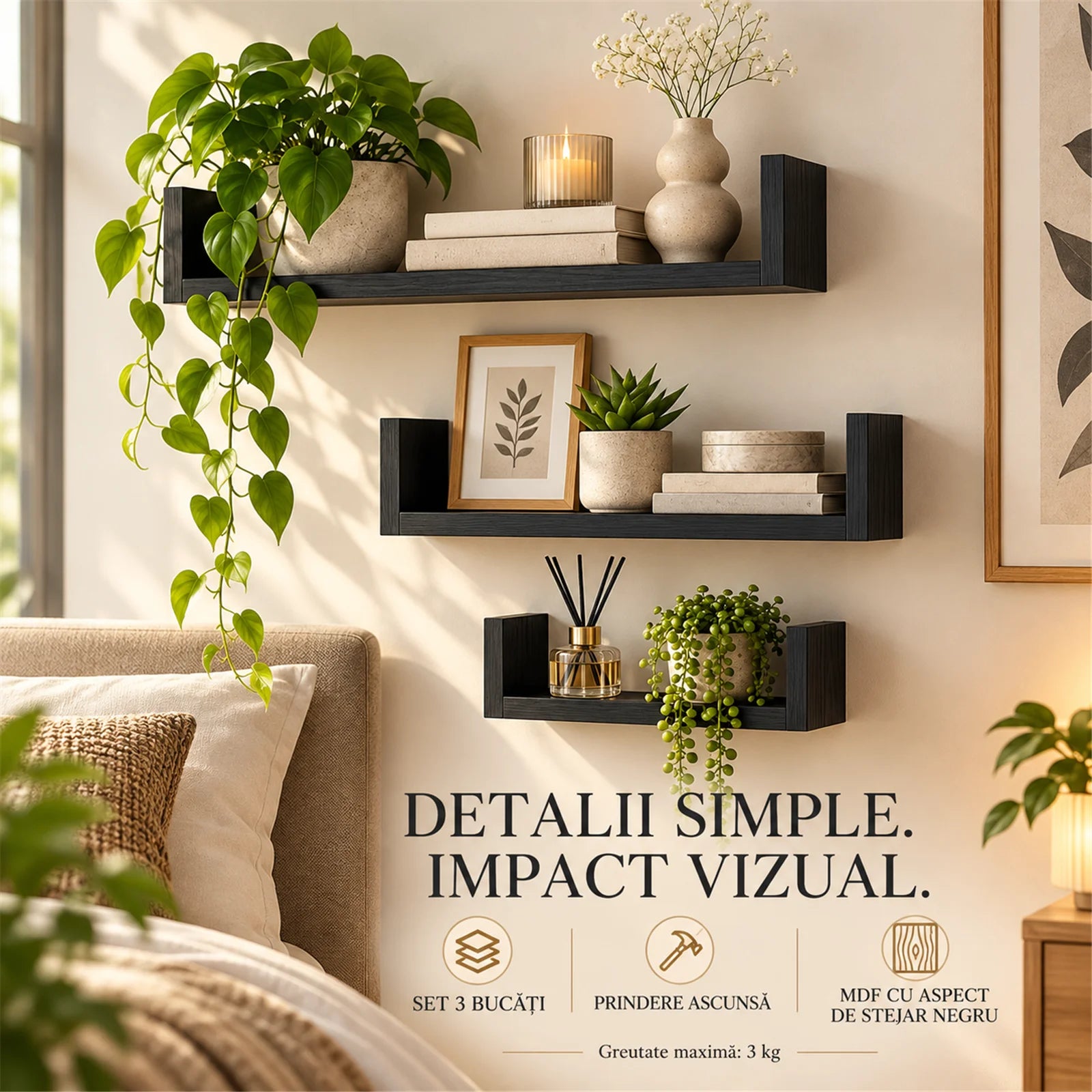 Set 3 Rafturi De Perete HASEPE®, Set 3 Rafturi Suspendate Negru, Rafturi Decorative Cu Suporturi Ascunse