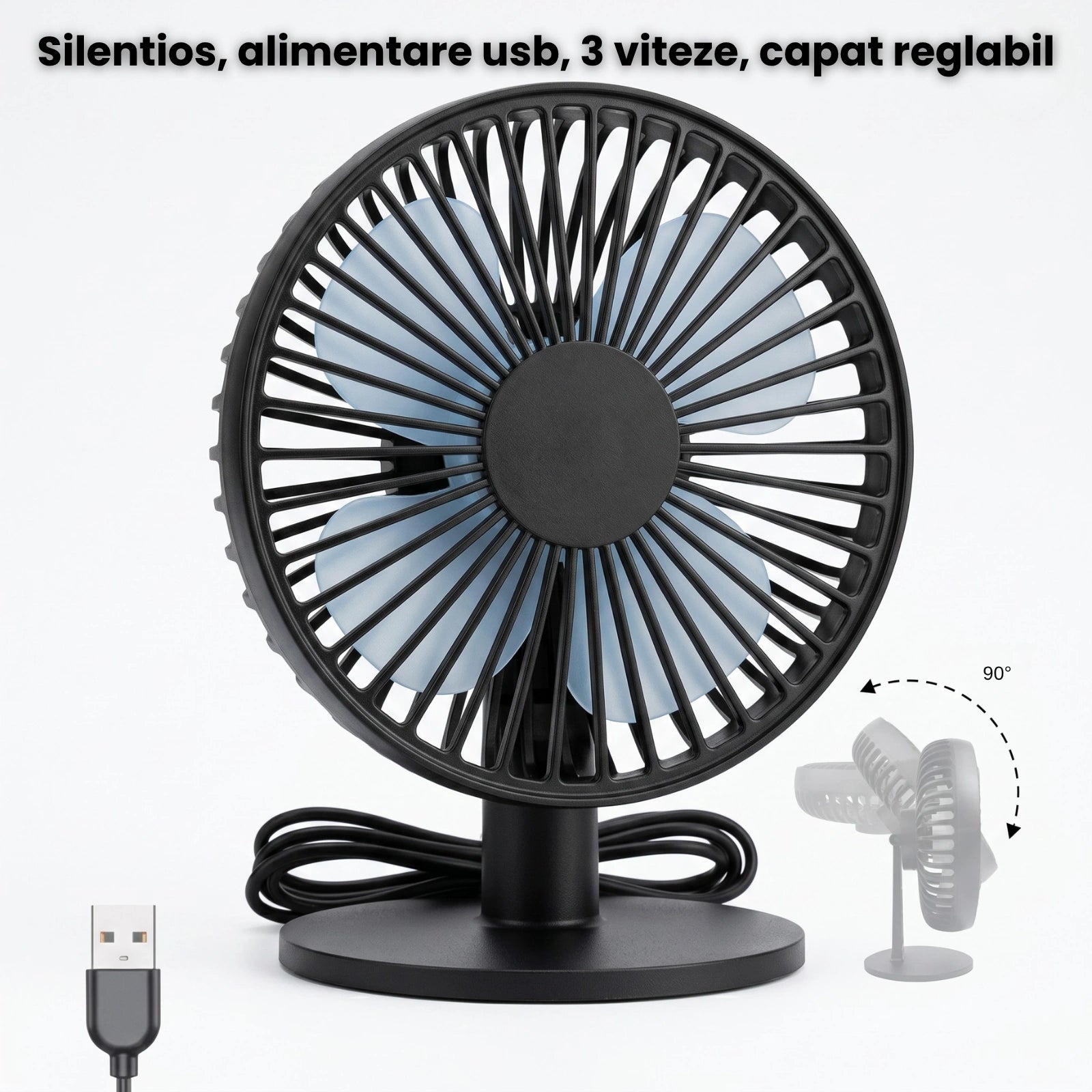 Ventilator USB HASEPE® De Masa, Ventilator Birou Negru Ø16.6 cm, Ventilator USB Cu 3 Trepte De Viteza