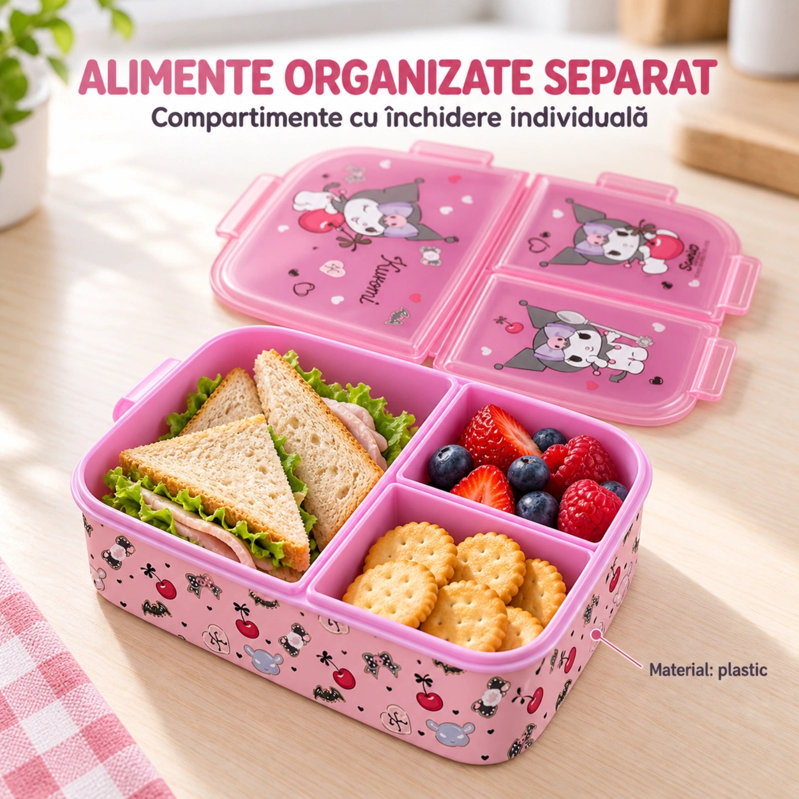 Cutie alimentara HASEPE®, 790 ml, 3 compartimente, caserola copii roz, cutie alimentara pentru scoala si after school