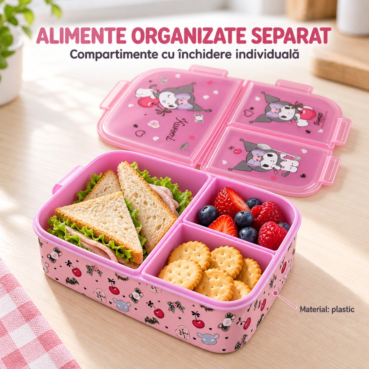Cutie alimentara HASEPE®, 790 ml, 3 compartimente, caserola copii roz, cutie alimentara pentru scoala si after school
