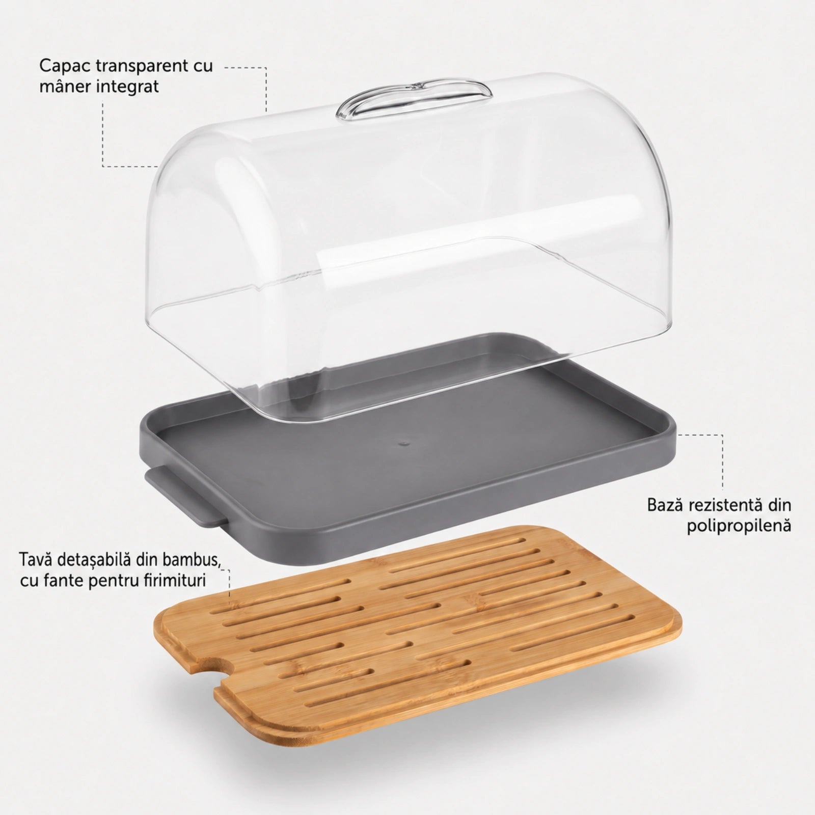 Cutie Paine HASEPE® Cu Capac Transparent, Cutie Depozitare Paine Din Plastic PP Si Bambus