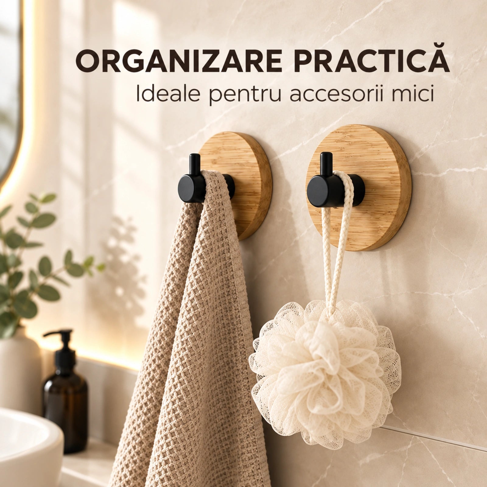 Carlige Autoadezive HASEPE® din Bambus, 2 Bucati, Ø4,8 cm, Carlige Baie Rotunde cu Suport Negru PP, Cuier Baie pentru Prosoape si Accesorii Mici de Baie