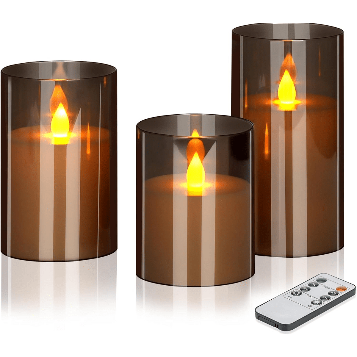 Set 3 Lumanari Led HASEPE Decorative Din Sticla Fumurie, Lumanari Decorative Cu Telecomanda Si Timer, Lumanare Electrica Cu Lumina Calda, Lumanari Led Pentru Decor Casa Evenimente Sarbatori - HASEPE