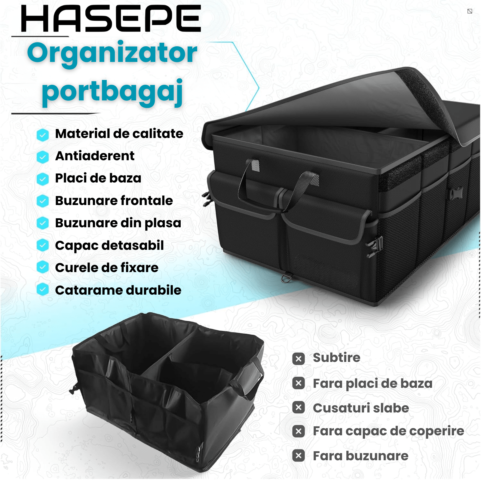 Organizator Portbagaj Auto 60L HASEPE, Pliabil, Multifunctional, Capac Detasabil, Curele Fixare si Baza Antialunecare, 3 Compartimente Mari + Buzunare Laterale, 51x32x37 cm, Negru Oxford - HASEPE