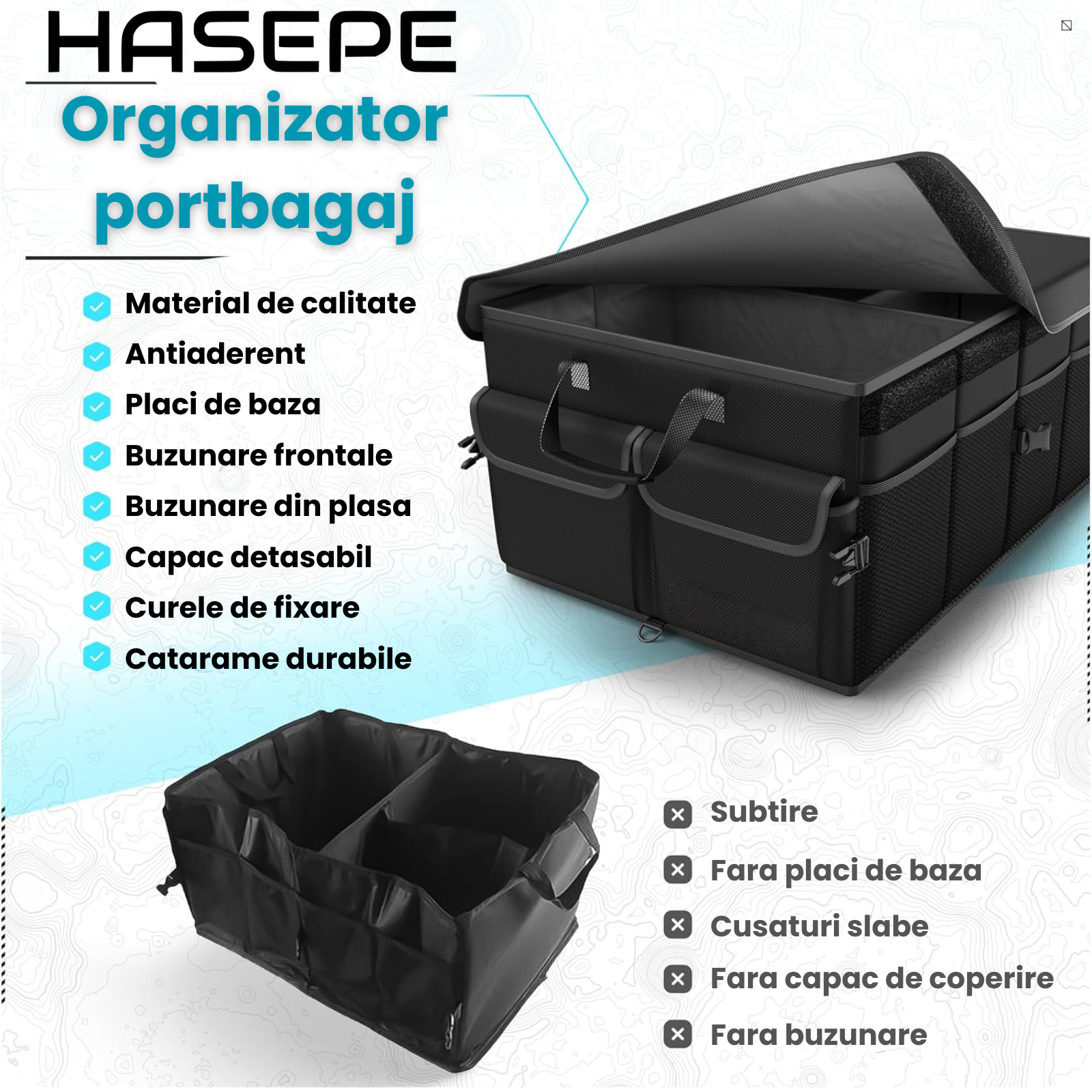 Organizator Portbagaj Auto 60L HASEPE, Pliabil, Multifunctional, Capac Detasabil, Curele Fixare si Baza Antialunecare, 3 Compartimente Mari + Buzunare Laterale, 51x32x37 cm, Negru Oxford