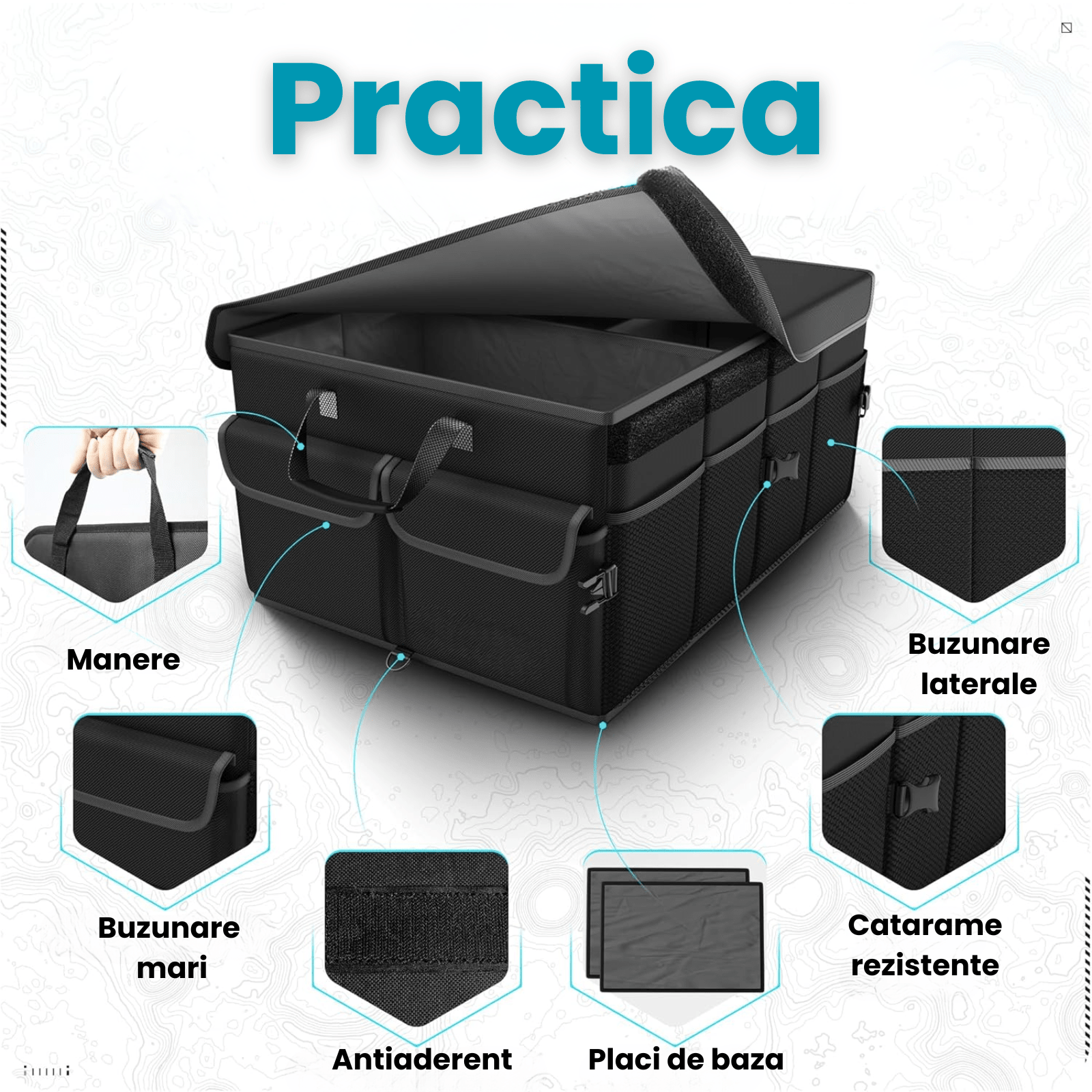 Organizator Portbagaj Auto 60L HASEPE, Pliabil, Multifunctional, Capac Detasabil, Curele Fixare si Baza Antialunecare, 3 Compartimente Mari + Buzunare Laterale, 51x32x37 cm, Negru Oxford - HASEPE