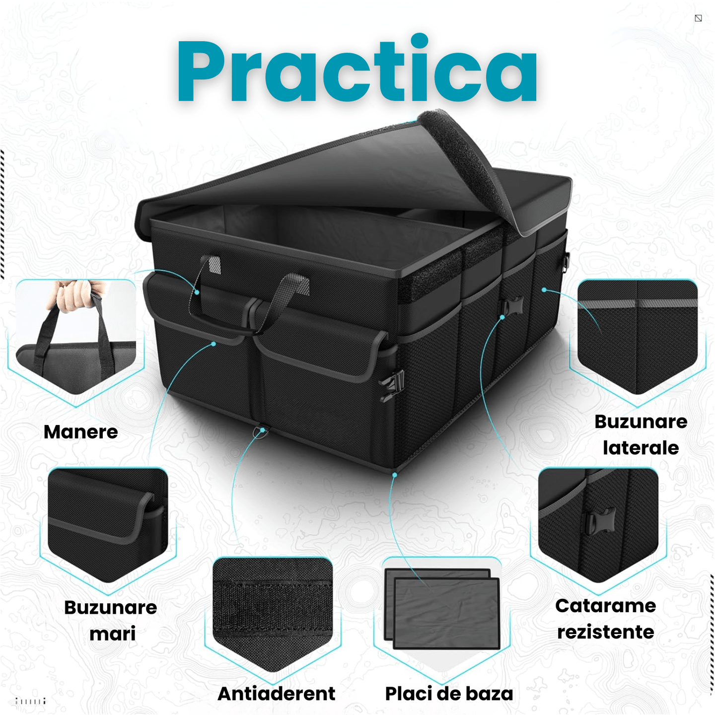 Organizator Portbagaj Auto 60L HASEPE, Pliabil, Multifunctional, Capac Detasabil, Curele Fixare si Baza Antialunecare, 3 Compartimente Mari + Buzunare Laterale, 51x32x37 cm, Negru Oxford - HASEPE