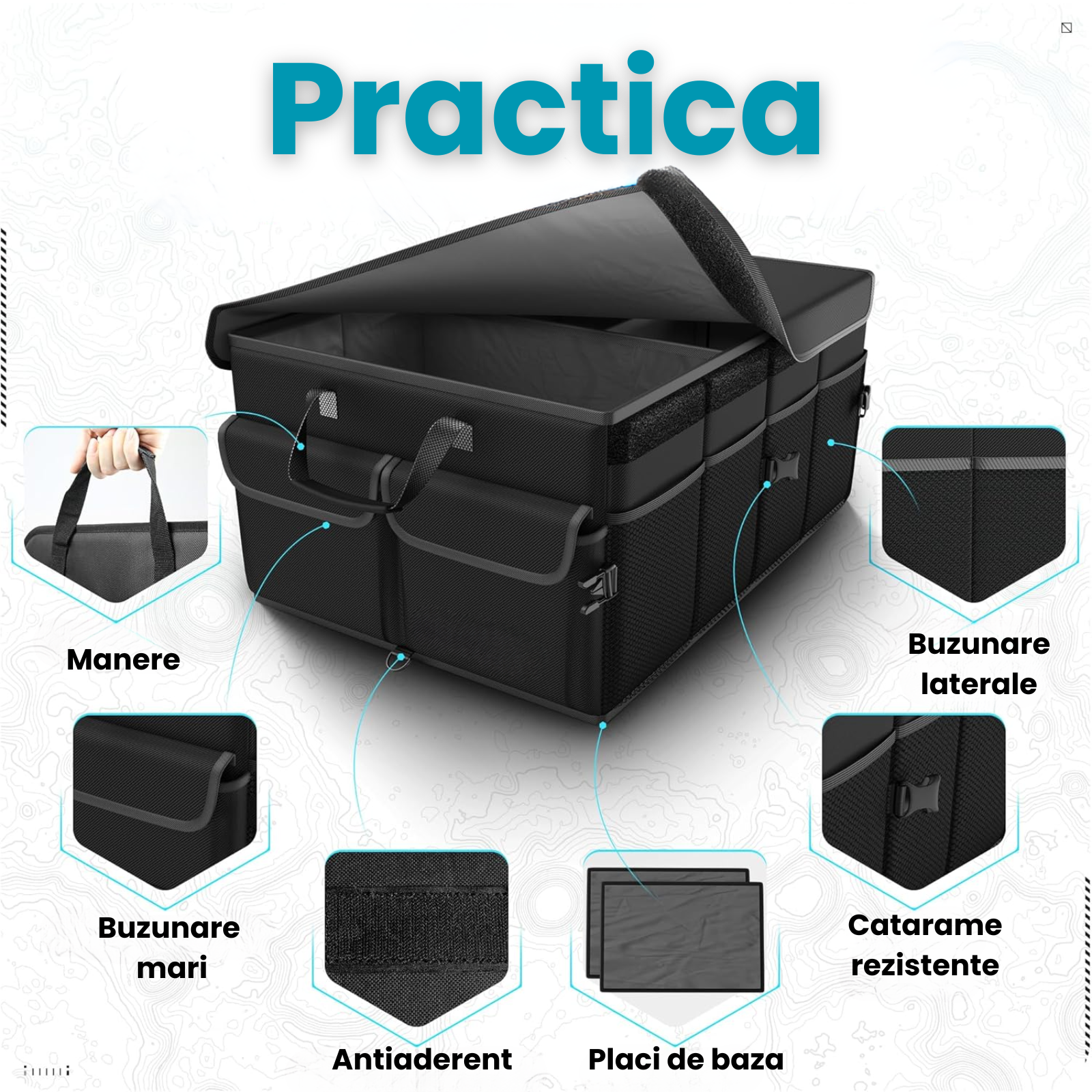 Organizator Portbagaj Auto 60L HASEPE, Pliabil, Multifunctional, Capac Detasabil, Curele Fixare si Baza Antialunecare, 3 Compartimente Mari + Buzunare Laterale, 51x32x37 cm, Negru Oxford