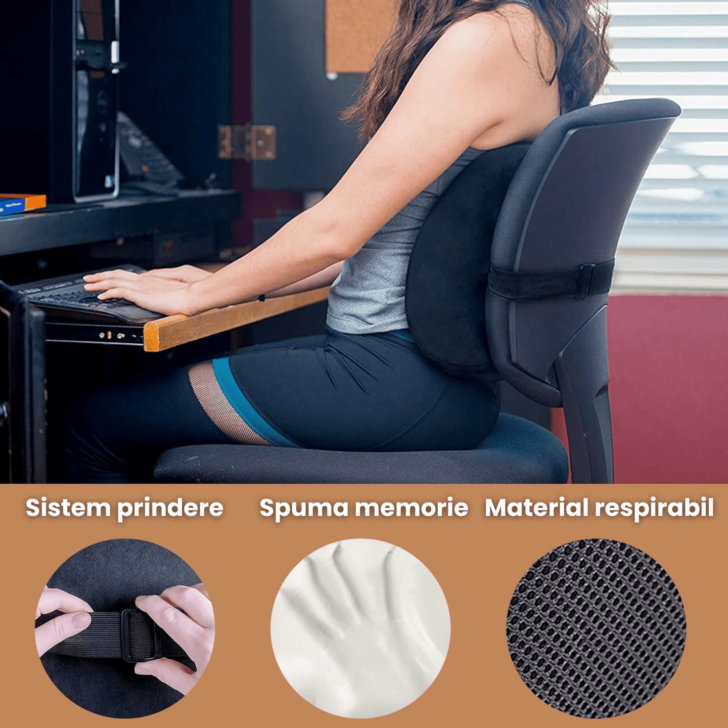 Pernă lombară ortopedică cu spumă memorie HASEPE, suport ergonomic spate, curea reglabila, husă respirabilă, pentru birou, scaun auto și acasă - HASEPE
