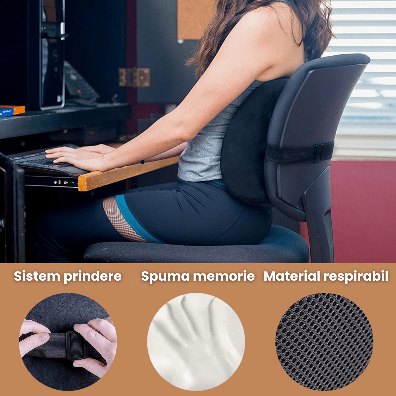 Pernă lombară ortopedică cu spumă memorie HASEPE, suport ergonomic spate, curea reglabila, husă respirabilă, pentru birou, scaun auto și acasă - HASEPE