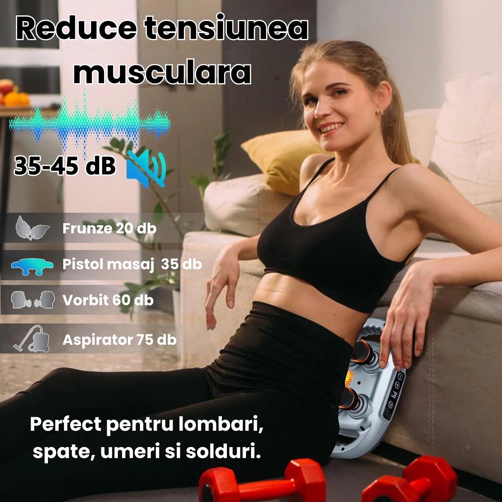 Pistol de masaj HASEPE, 6 capete, 9 moduri si 9 niveluri intensitate, 3200mAh, incalzire cu lumina rosie, relaxare muschi profunzi, ultra-silentios, potrivit pentru spate, picioare, brate, gri inchis