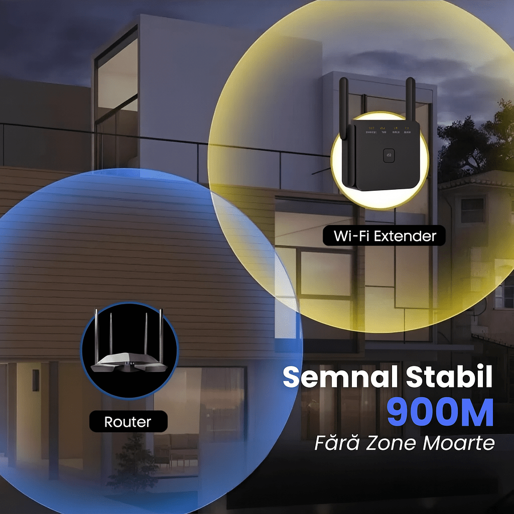 Range Extender WiFi HASEPE, Amplificator Wireless 1200 m², Suporta 80 Dispozitive, 4 Antene Puternice, Port Ethernet, Semnal Stabil, Instalare WPS Rapida, Compatibil Universal - HASEPE