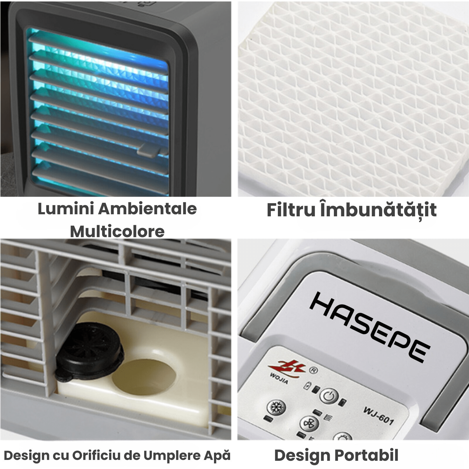Racitor Ventilator aer portabil HASEPE, Ventilator pulverizare cu Apa, Mini aer USB, Silentios cu 2 viteze 3600 rpm/2700 rpm, Rezervor 200ml, Lumina LED, Buton ON/OFF, Climatizare Personala pentru Bir - HASEPE