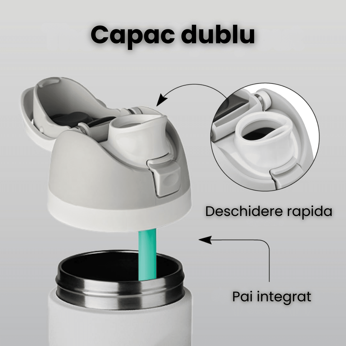 Cana Termos HASEPE, 710 Ml Din Otel Inoxidabil, Cana Termos Cu Gura Dubla, Termos Apa Cu Pereti Dubli Pentru Bauturi Reci, Termos Cu Pai Reutilizabil, Capac Cu Buton Anti - Scurgere, Compatibila Suport - HASEPE