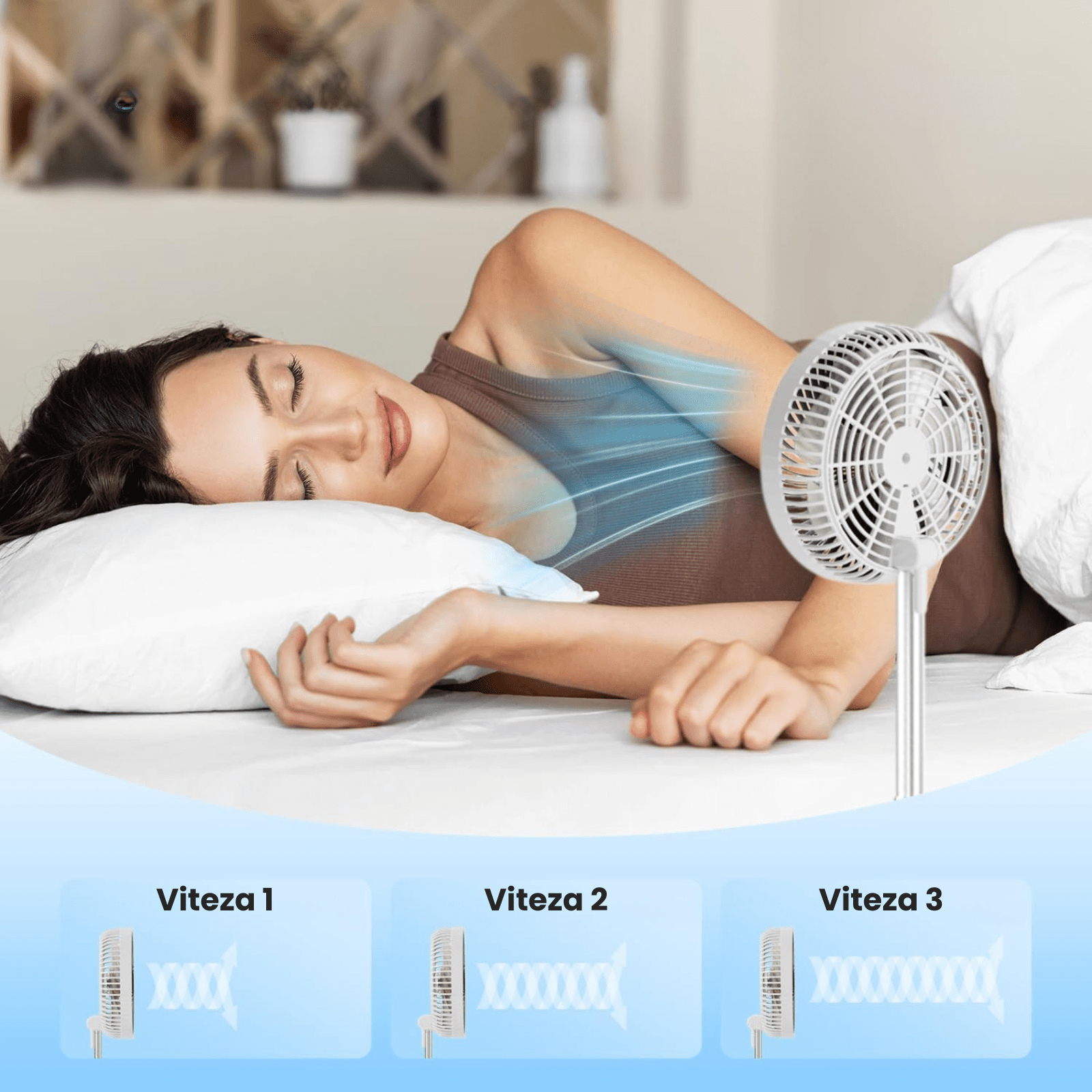 Ventilator portabil telescopic HASEPE, pliabil cu telecomanda, 3 viteze, reglabil pe inaltime 35 - 85 cm, rotire automata 90°, cap inclinabil 180°, USB, diametru 20 cm, alb - HASEPE