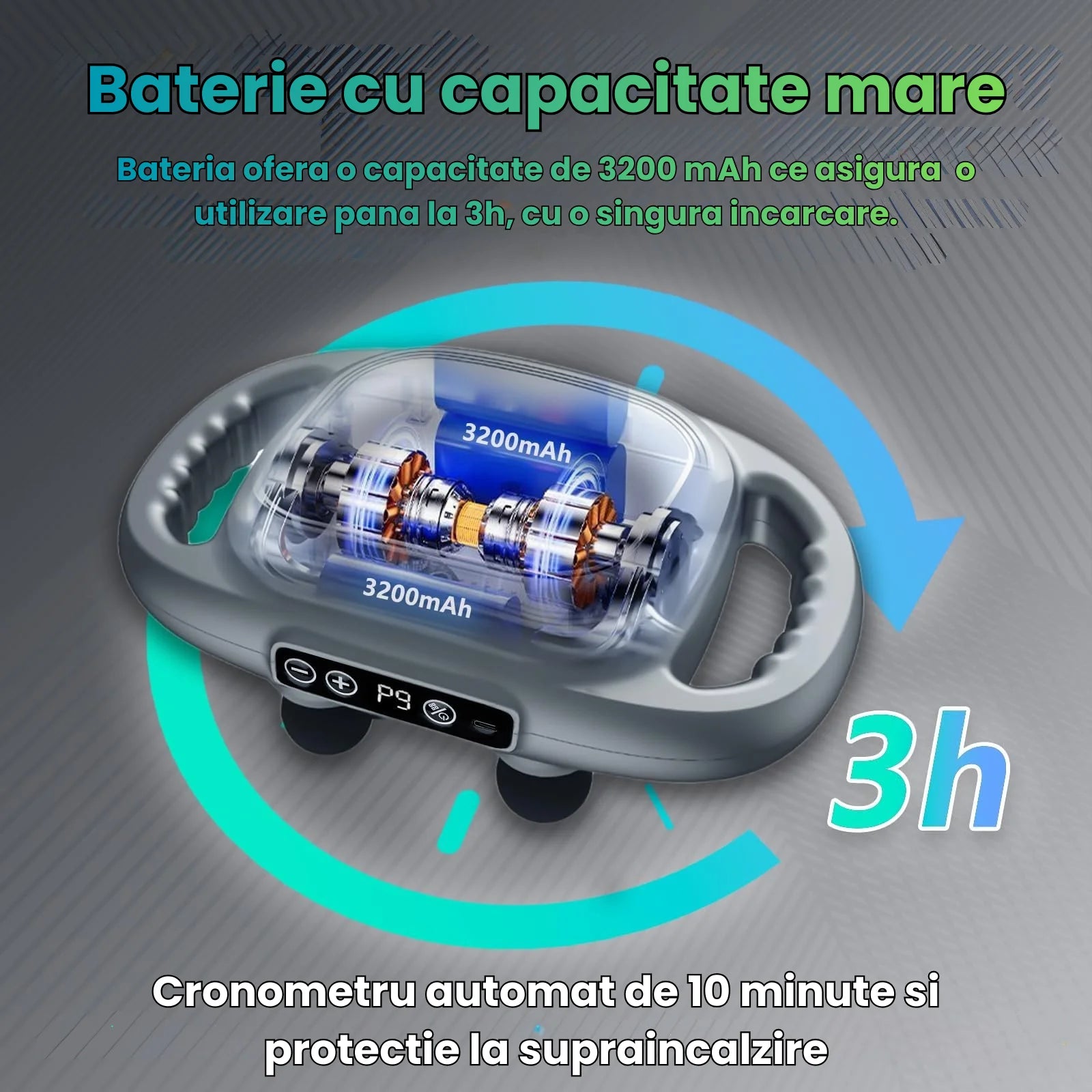 Pistol de masaj HASEPE, 6 capete, 9 moduri si 9 niveluri intensitate, 3200mAh, incalzire cu lumina rosie, relaxare muschi profunzi, ultra-silentios, potrivit pentru spate, picioare, brate, gri inchis