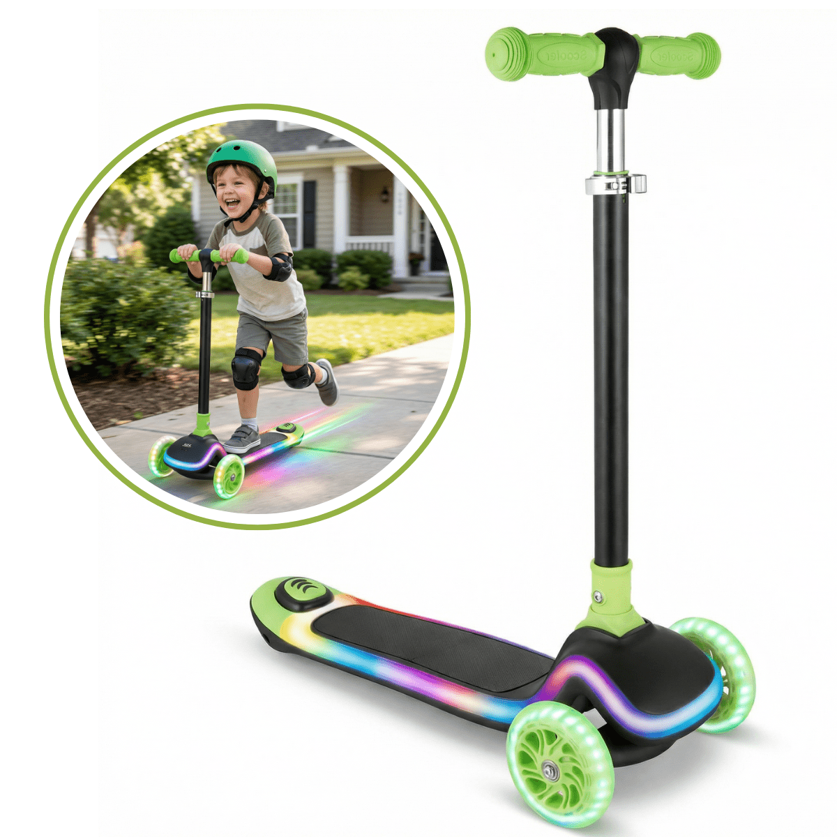 Trotineta Copii HASEPE Cu 3 Roti, Trotineta Cu Led In Roti, Inaltime 80 Cm, Ghidon Stabil, Design Pentru Echilibru, Trotineta Pentru Copii Usor De Folosit, Culoare Verde, Trotineta Copii Pentru Joaca - HASEPE