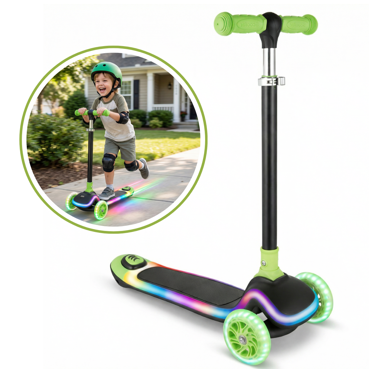 Trotineta Copii HASEPE Cu 3 Roti, Trotineta Cu Led In Roti, Inaltime 80 Cm, Ghidon Stabil, Design Pentru Echilibru, Trotineta Pentru Copii Usor De Folosit, Culoare Verde, Trotineta Copii Pentru Joaca