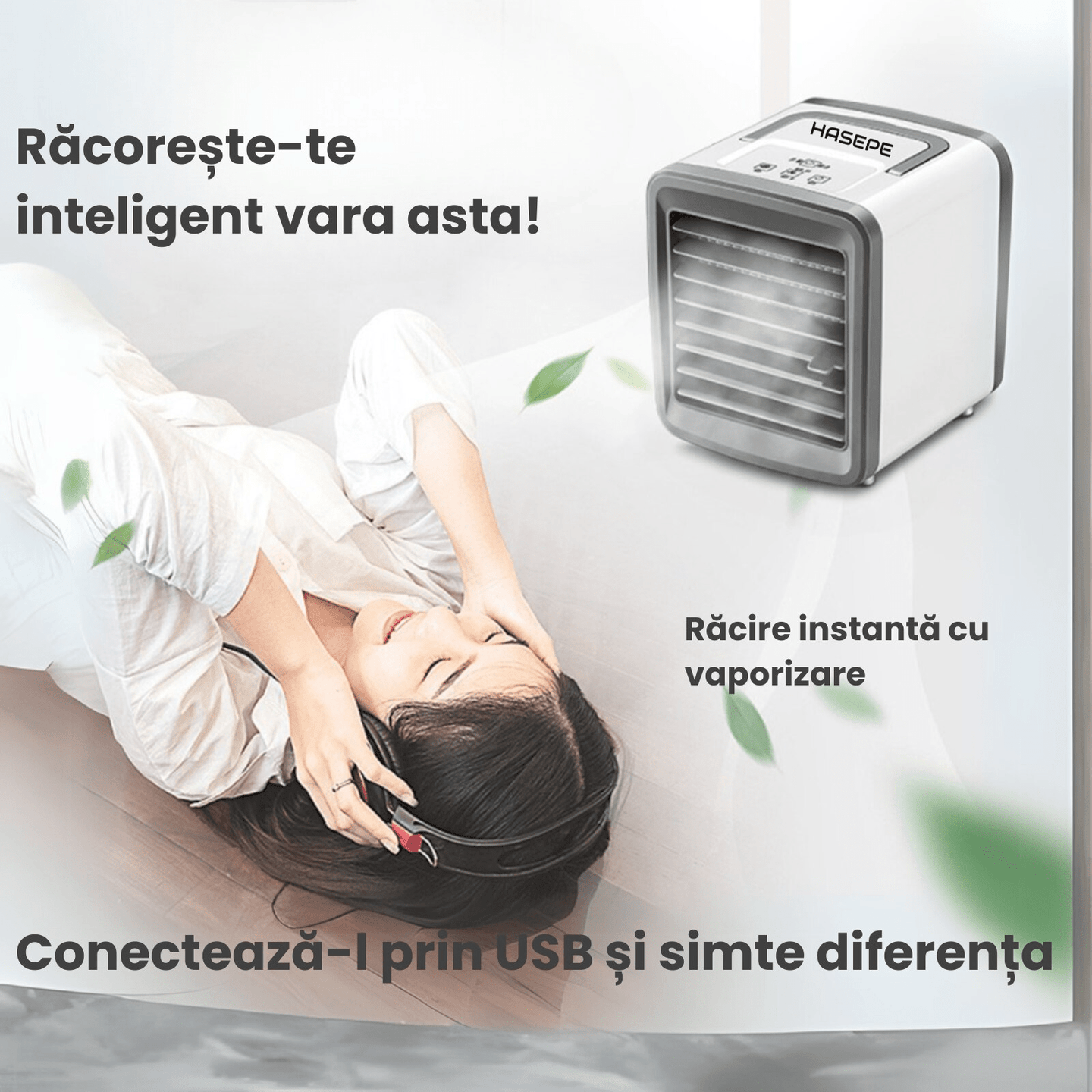 Racitor Ventilator aer portabil HASEPE, Ventilator pulverizare cu Apa, Mini aer USB, Silentios cu 2 viteze 3600 rpm/2700 rpm, Rezervor 200ml, Lumina LED, Buton ON/OFF, Climatizare Personala pentru Bir - HASEPE