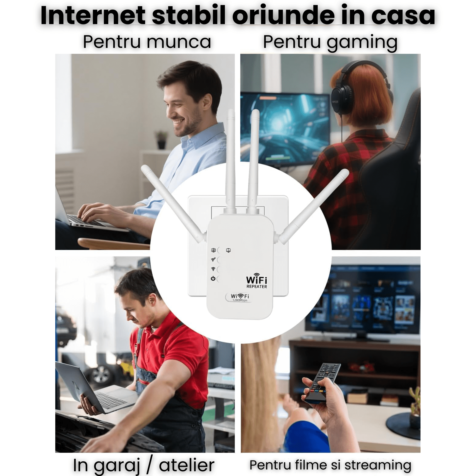 Amplificator Wifi HASEPE 1200Mbps Dual Band 2.4GHz 5GHz, Wifi Repeater Cu 4 Antene Externe Si Port Ethernet, Repetor Wifi Pentru Extindere Semnal Internet In Casa Sau Birou, Amplificator Wifi Wireless - HASEPE
