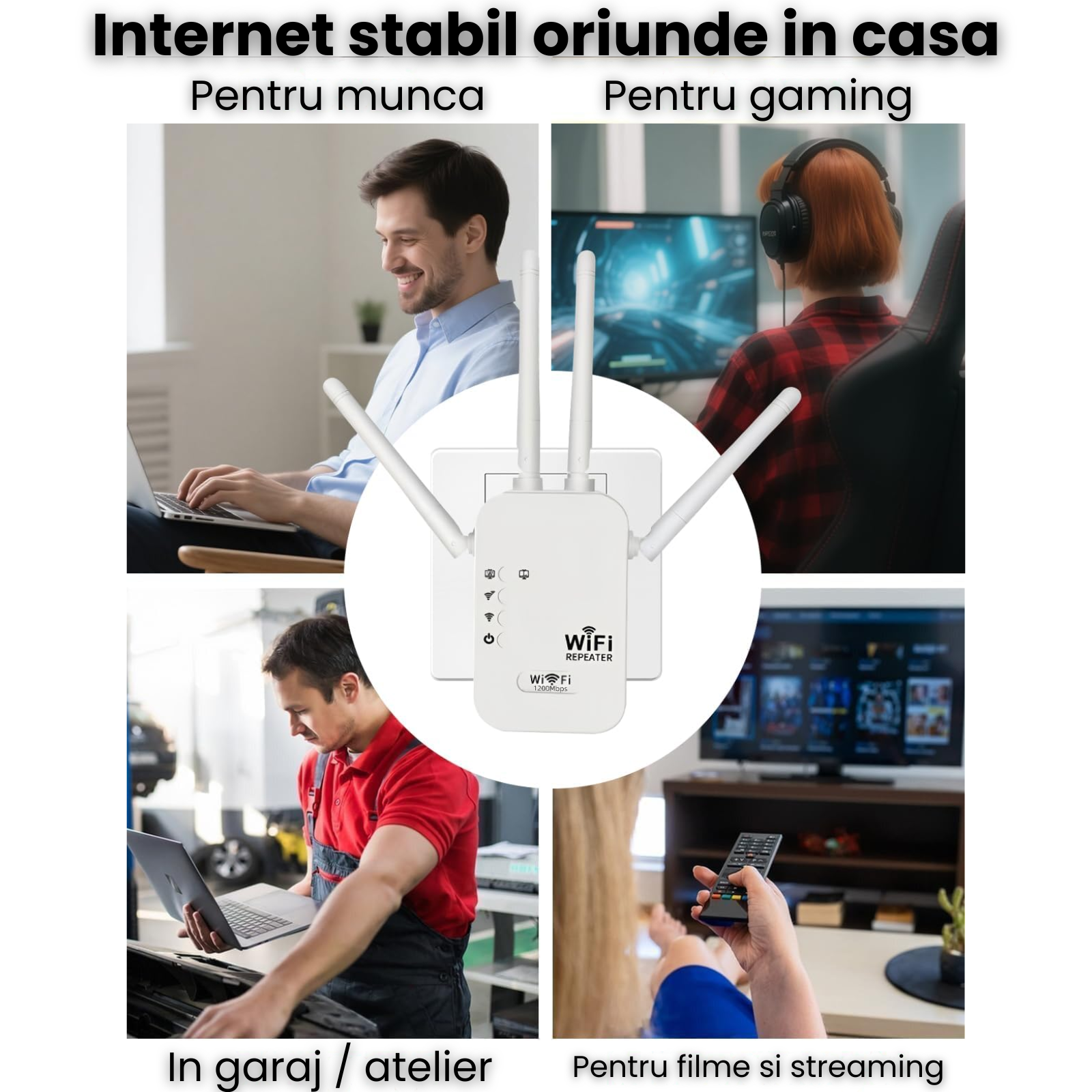 Amplificator Wifi HASEPE 1200Mbps Dual Band 2.4GHz 5GHz, Wifi Repeater Cu 4 Antene Externe Si Port Ethernet, Repetor Wifi Pentru Extindere Semnal Internet In Casa Sau Birou, Amplificator Wifi Wireless