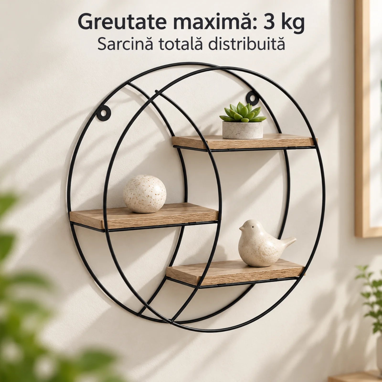 Raft Decorativ HASEPE® Rotund, cu 3 Niveluri din MDF si Cadru Metalic, Raft de Perete Ø30x9 cm