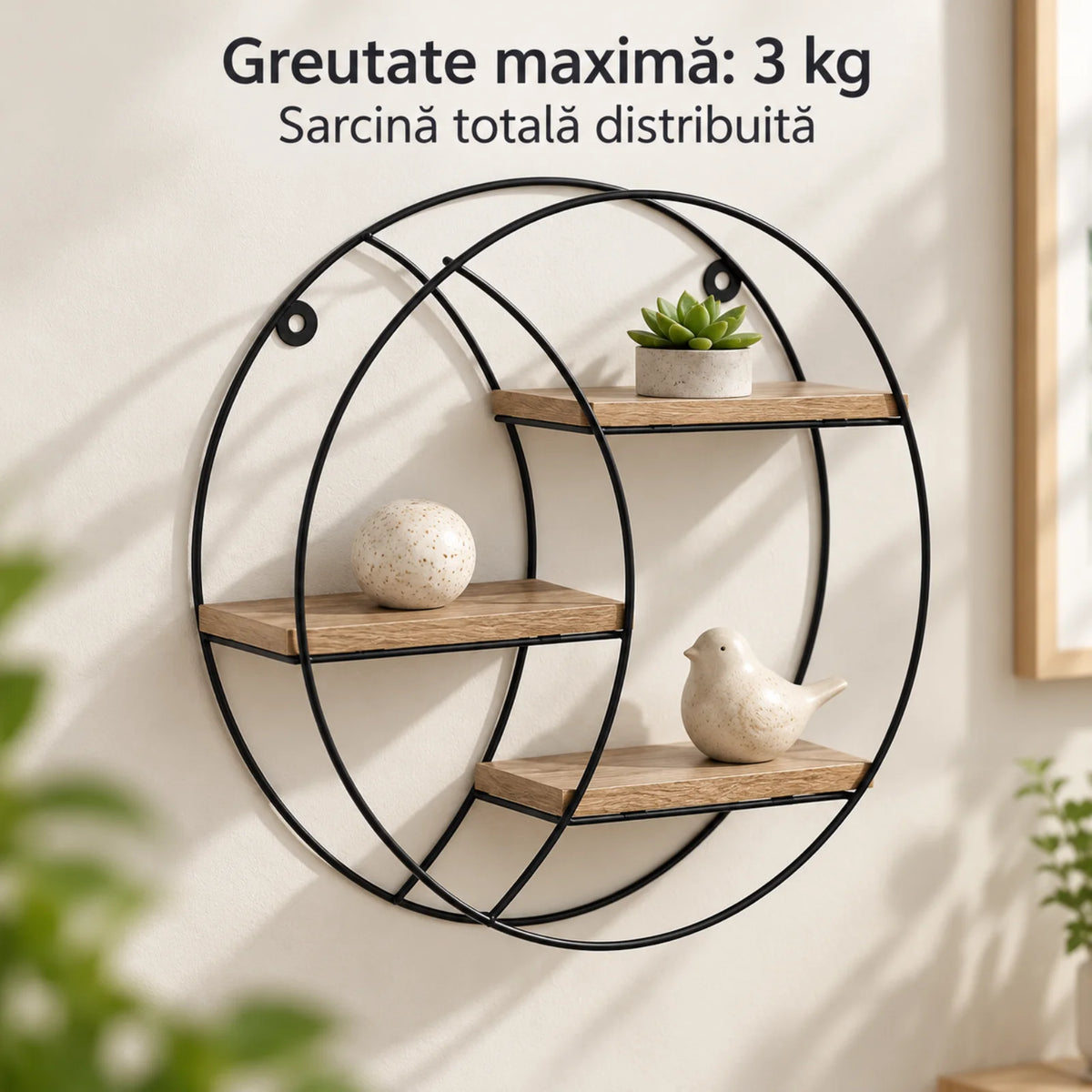 Raft Decorativ HASEPE® Rotund, cu 3 Niveluri din MDF si Cadru Metalic, Raft de Perete Ø30x9 cm