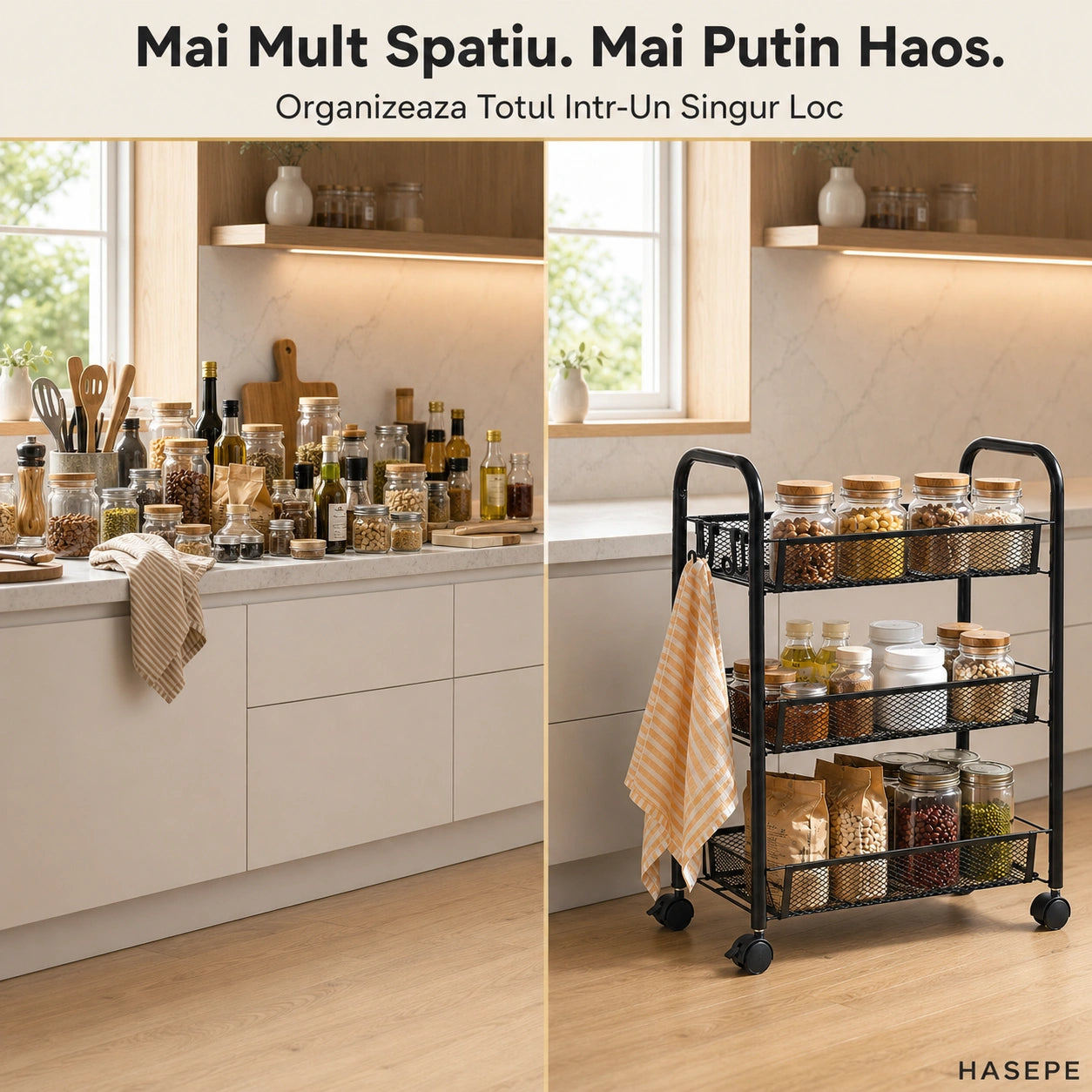 Etajera Metalica HASEPE® Cu 3 Rafturi, Raft Depozitare Mobil Pe Roti Cu Blocare