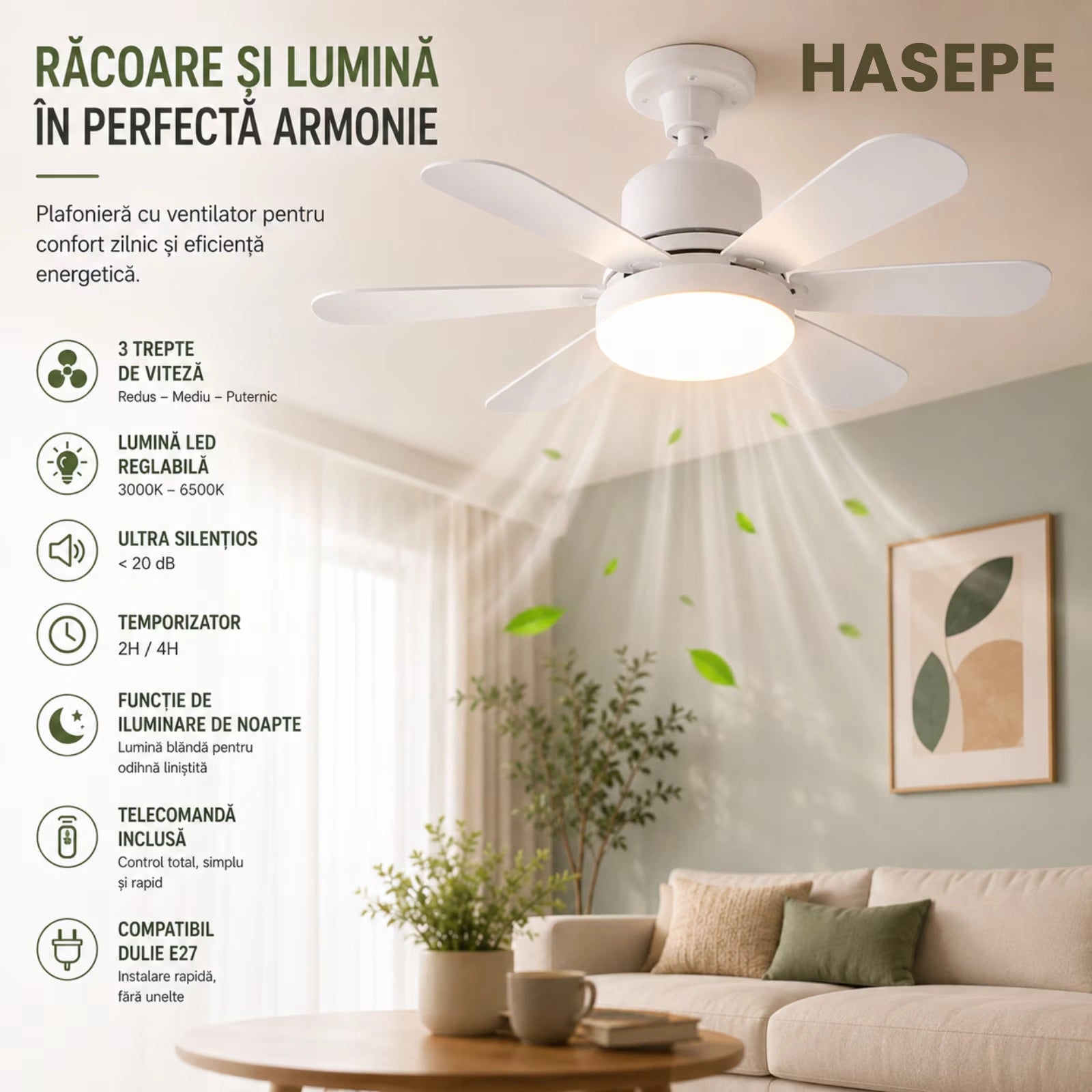 Ventilator HASEPE® Plafon Cu LED, Plafoniera Cu Ventilator E27, Ventilator Plafon 6 Palete, Telecomanda, 3 Trepte Viteza, Timer 2H/4H