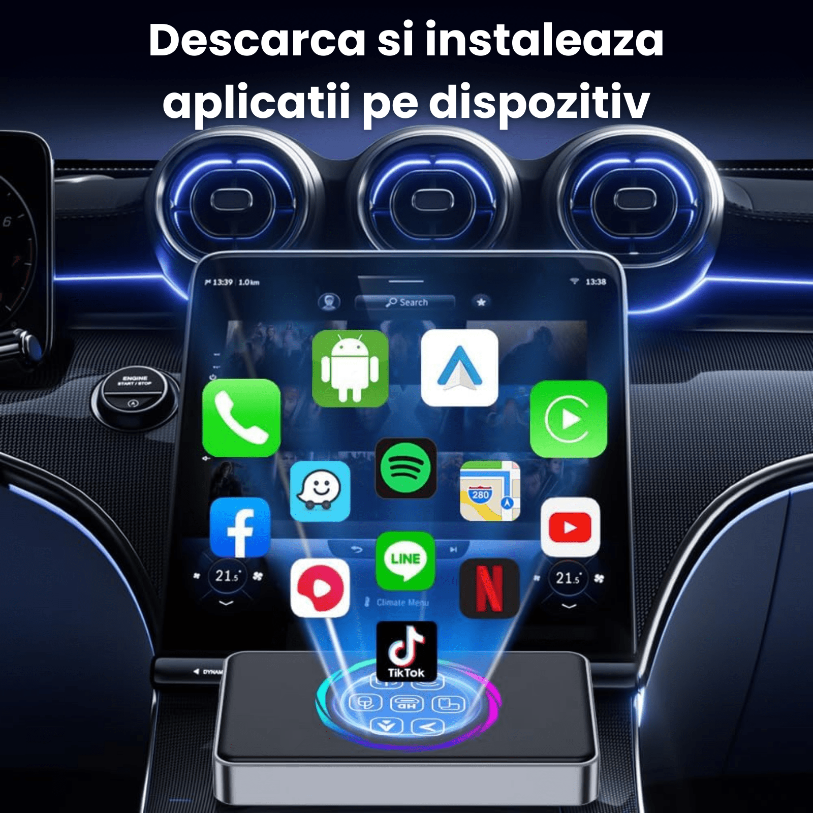 Adaptor Auto Wireless CarPlay si Android Auto HASEPE Ai Box, Adaptor Bluetooth Dual Wi - Fi 5G, HDMI, Android 11, Plug & Play, 4GB RAM, 32GB, CarPlay Wireless, Netflix/YouTube - HASEPE