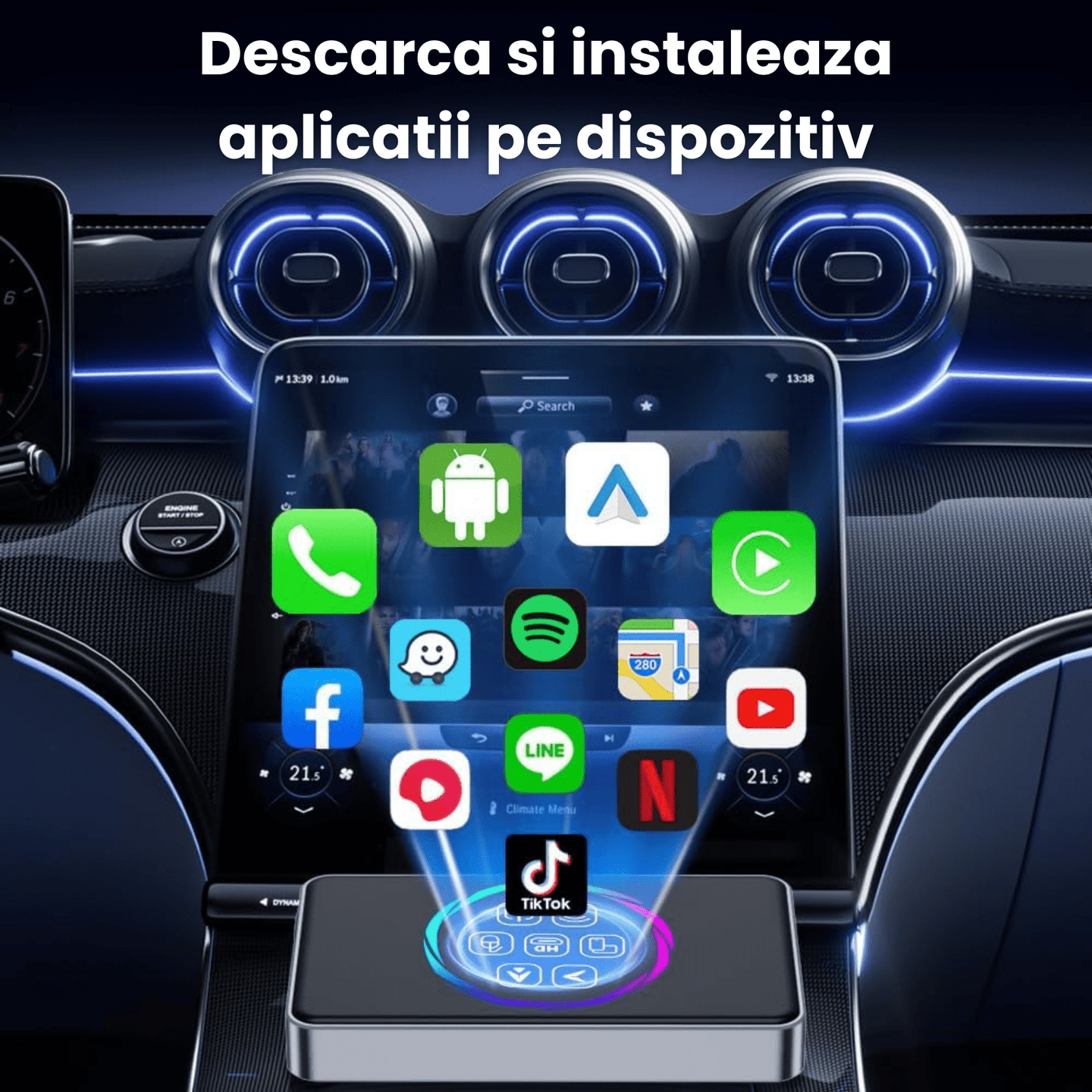 Adaptor Auto Wireless CarPlay si Android Auto HASEPE Ai Box, Adaptor Bluetooth Dual Wi - Fi 5G, HDMI, Android 11, Plug & Play, 4GB RAM, 32GB, CarPlay Wireless, Netflix/YouTube - HASEPE