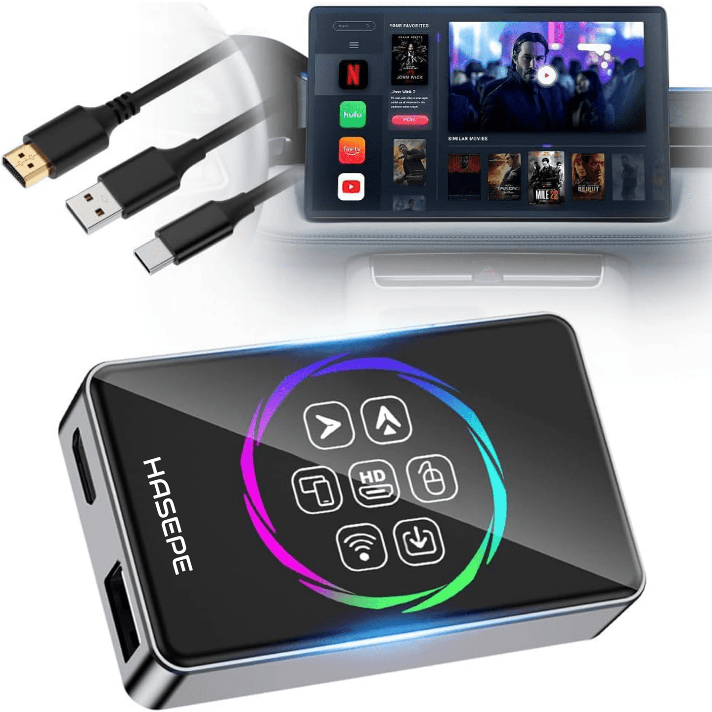 Adaptor Auto Wireless CarPlay si Android Auto HASEPE Ai Box, Adaptor Bluetooth Dual Wi - Fi 5G, HDMI, Android 11, Plug & Play, 4GB RAM, 32GB, CarPlay Wireless, Netflix/YouTube - HASEPE