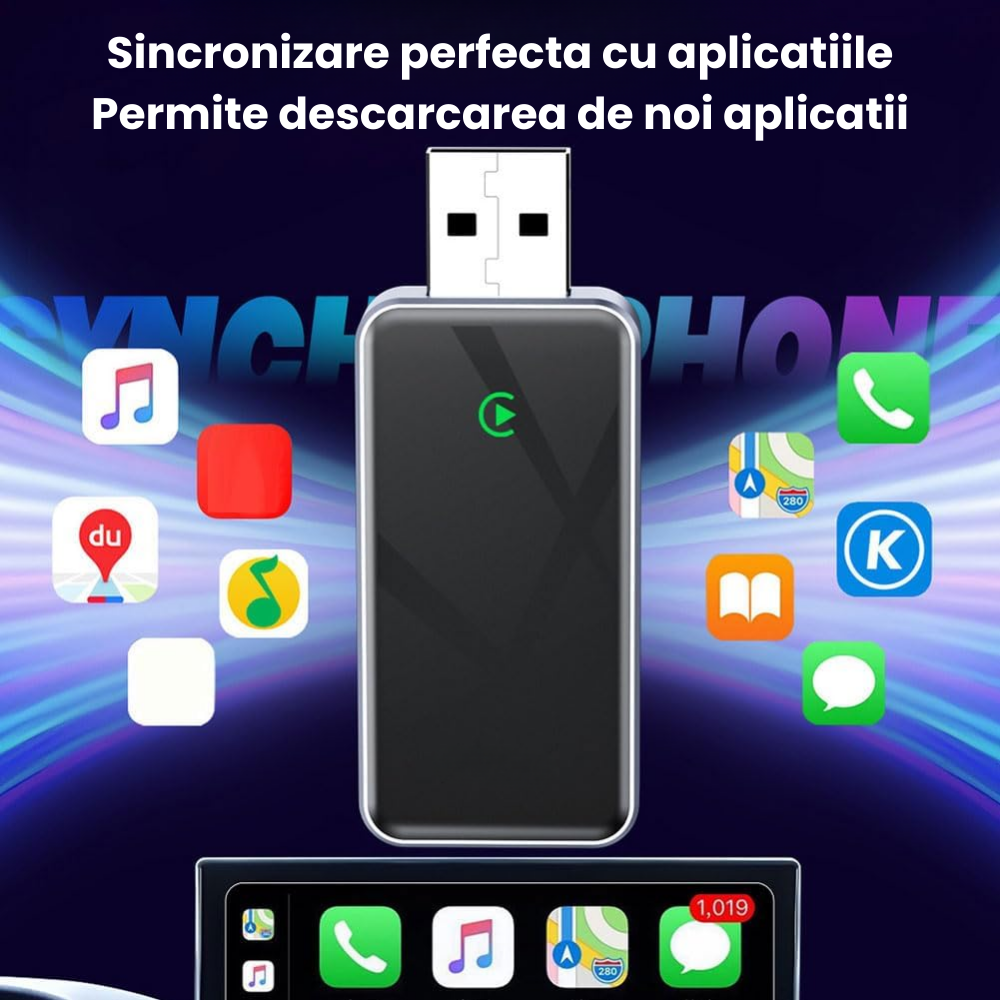 Adaptor Wireless CarPlay si Android Auto HASEPE, Modul Slim USB Plug & Play, Compatibil iPhone si Android, Conectare Automata, Suport Asistent Vocal Siri/Google, Design Premium, Gri