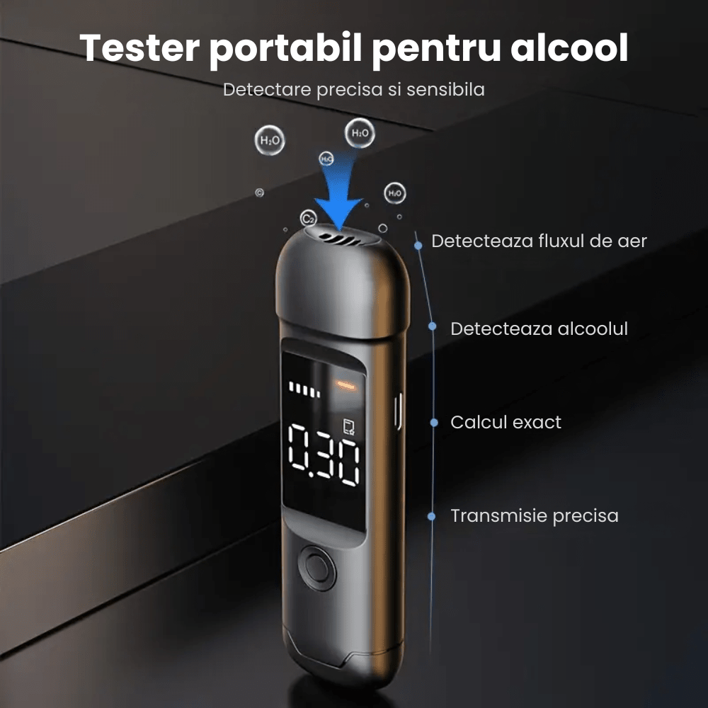 Etilotest Profesional HASEPE, Alcool Tester Digital Non - Contact, Precizie +0.015%, Calibrare Automata, Memorare Rezultate, Display LCD, Autonomie Extinsa, Negru - HASEPE