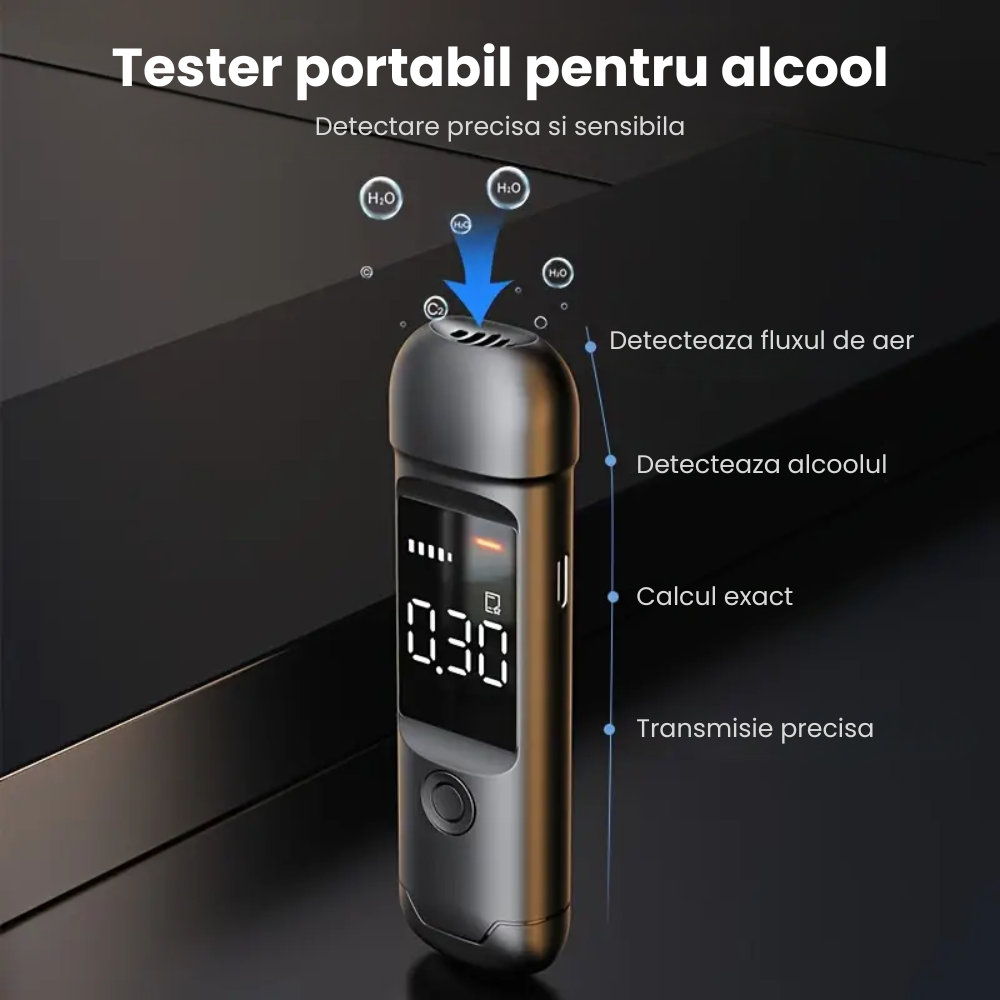 Etilotest Profesional HASEPE, Alcool Tester Digital Non-Contact, Precizie +0.015%, Calibrare Automata, Memorare Rezultate, Display LCD, Autonomie Extinsa, Negru