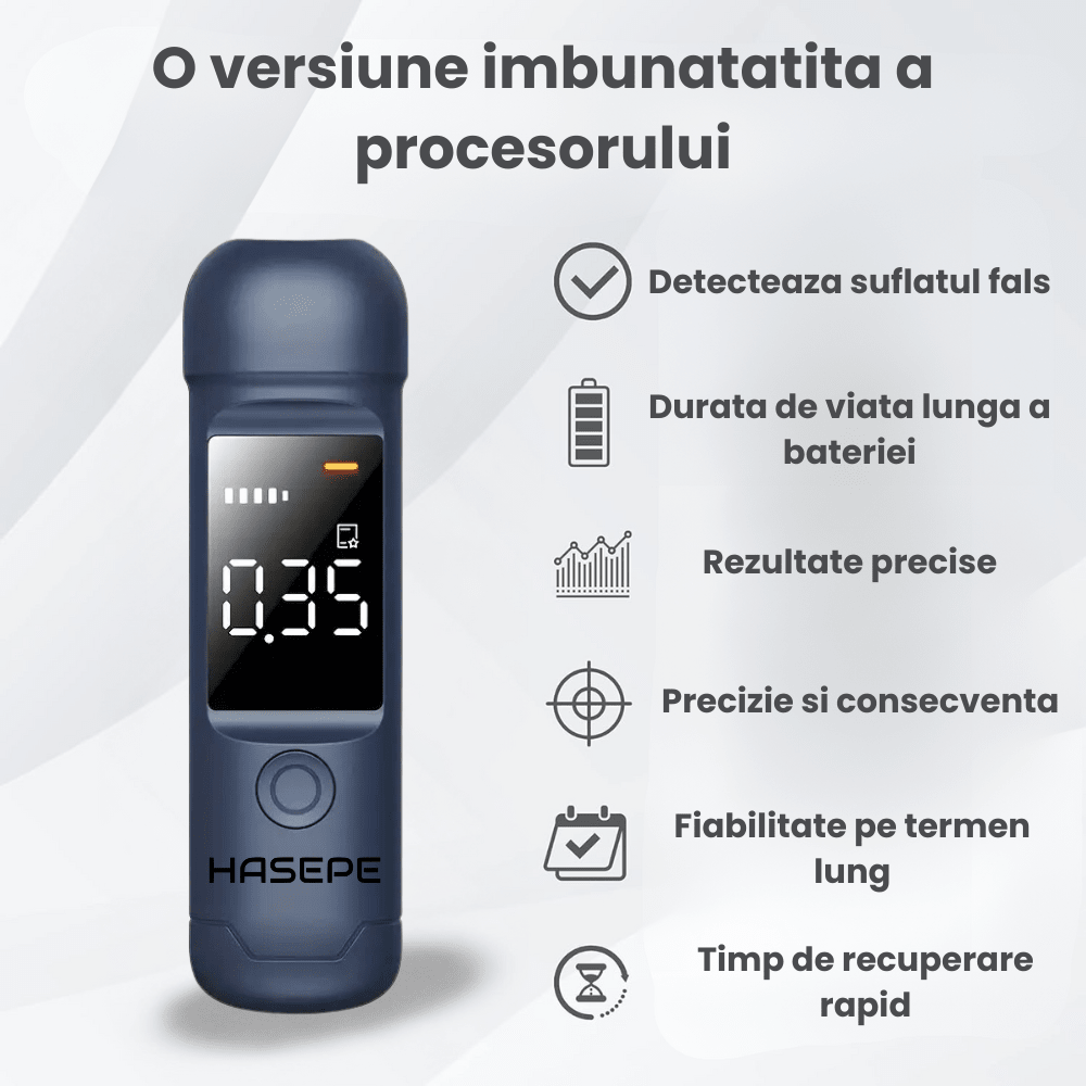 Etilotest Profesional HASEPE, Alcool Tester Digital Non - Contact, Precizie +0.015%, Calibrare Automata, Memorare Rezultate, Display LCD, Autonomie Extinsa, Negru - HASEPE