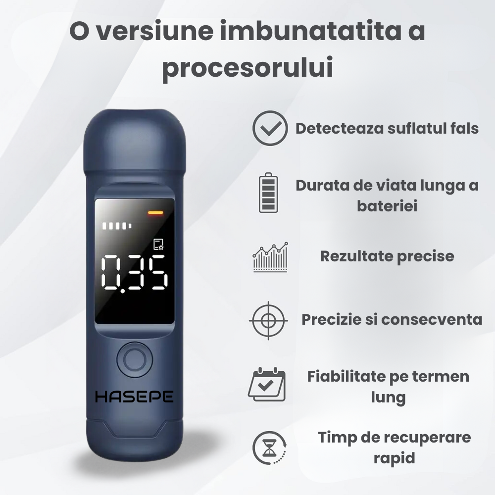 Etilotest Profesional HASEPE, Alcool Tester Digital Non-Contact, Precizie +0.015%, Calibrare Automata, Memorare Rezultate, Display LCD, Autonomie Extinsa, Negru