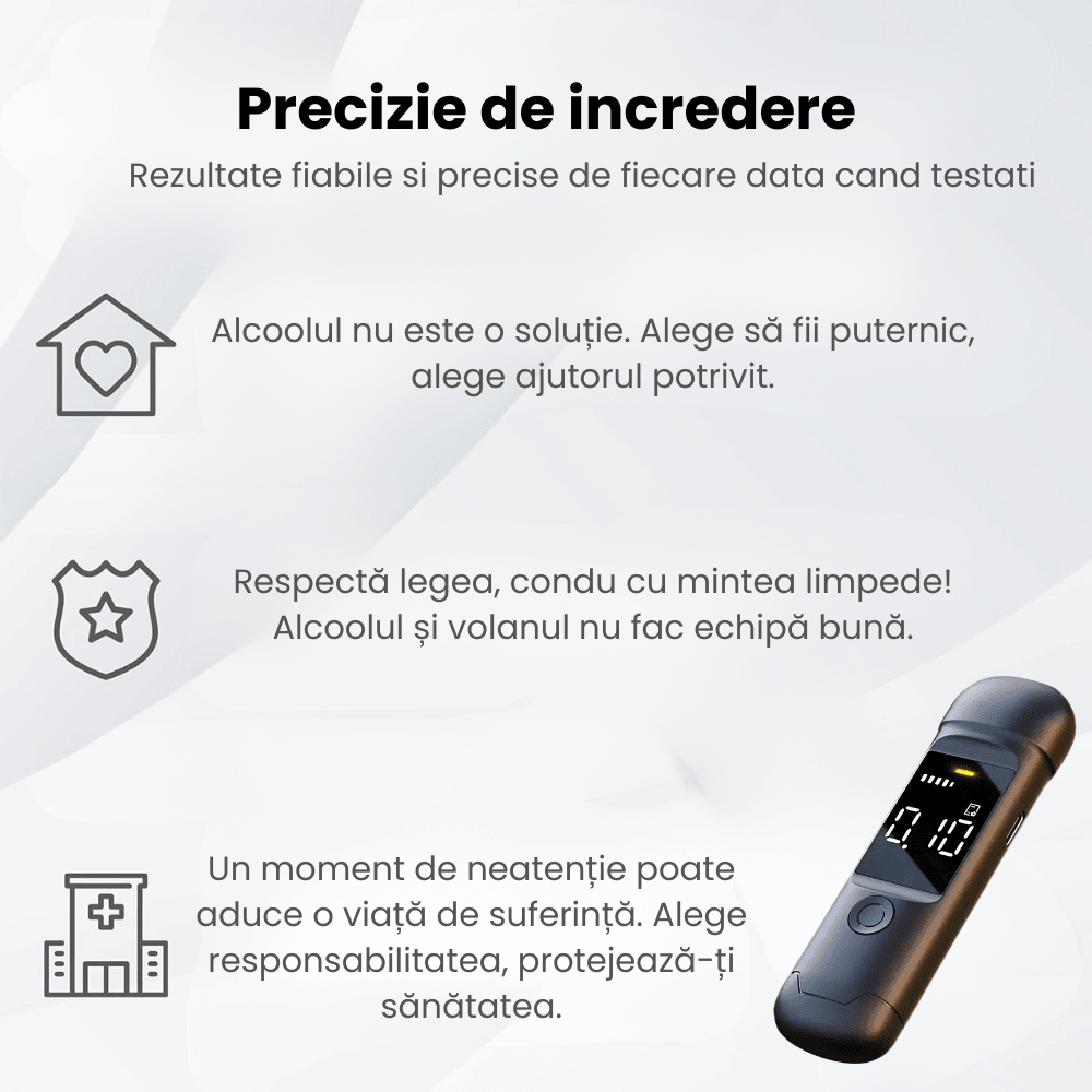Etilotest Profesional HASEPE, Alcool Tester Digital Non - Contact, Precizie +0.015%, Calibrare Automata, Memorare Rezultate, Display LCD, Autonomie Extinsa, Negru - HASEPE