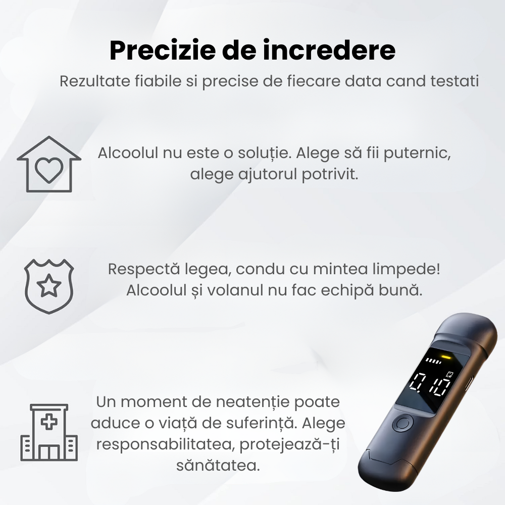 Etilotest Profesional HASEPE, Alcool Tester Digital Non-Contact, Precizie +0.015%, Calibrare Automata, Memorare Rezultate, Display LCD, Autonomie Extinsa, Negru