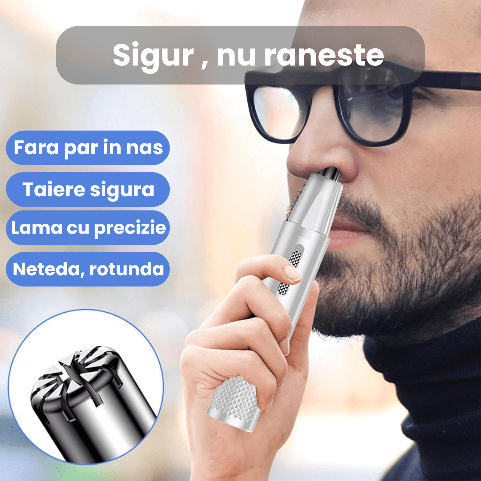 Aparat Tuns Par Nas si Urechi HASEPE, Trimmer Facial Electric USB, Lame Otel Inoxidabil, Cap Rotativ, Design Compact 15x1cm, Curatare Usoara, Alb - HASEPE