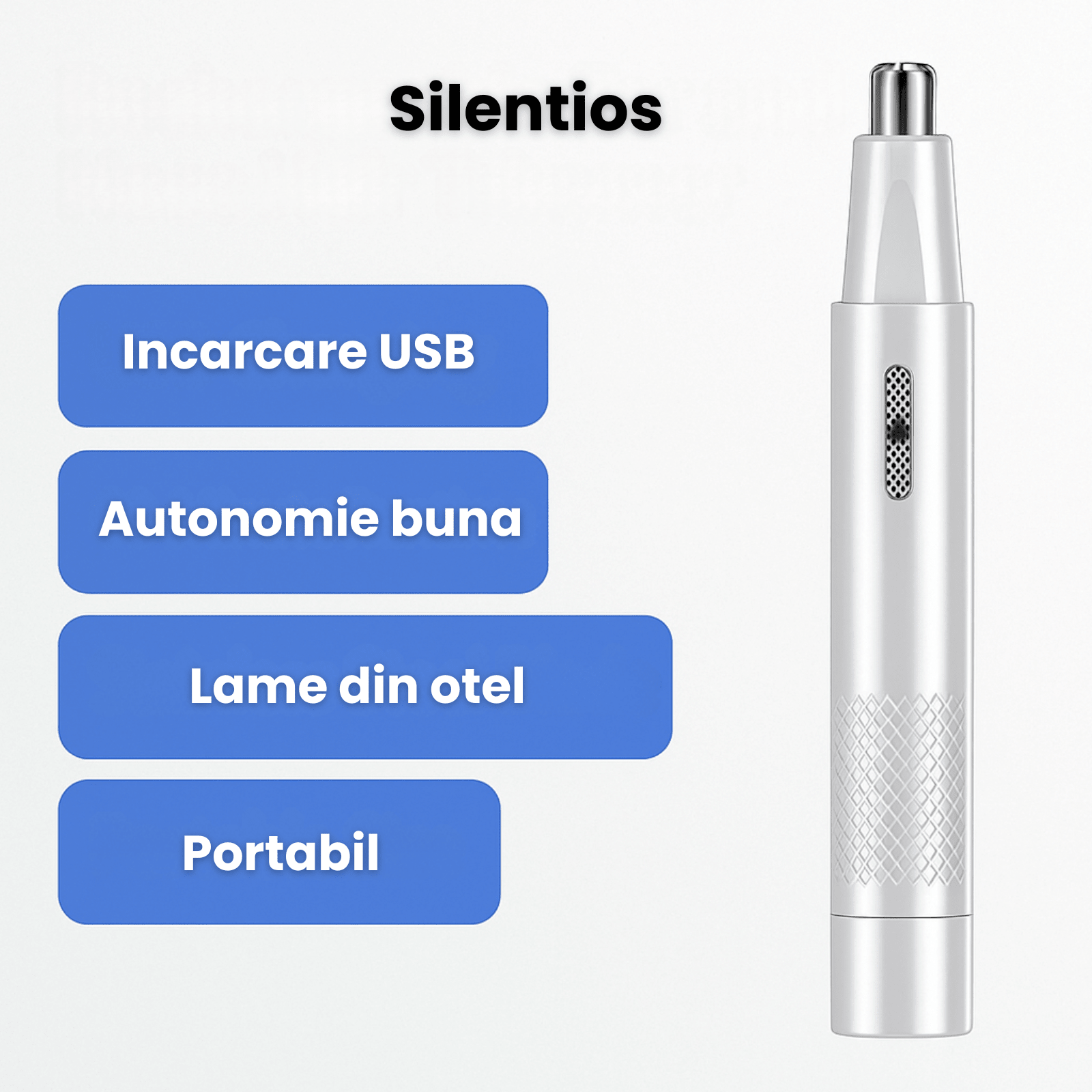 Aparat Tuns Par Nas si Urechi HASEPE, Trimmer Facial Electric USB, Lame Otel Inoxidabil, Cap Rotativ, Design Compact 15x1cm, Curatare Usoara, Alb - HASEPE