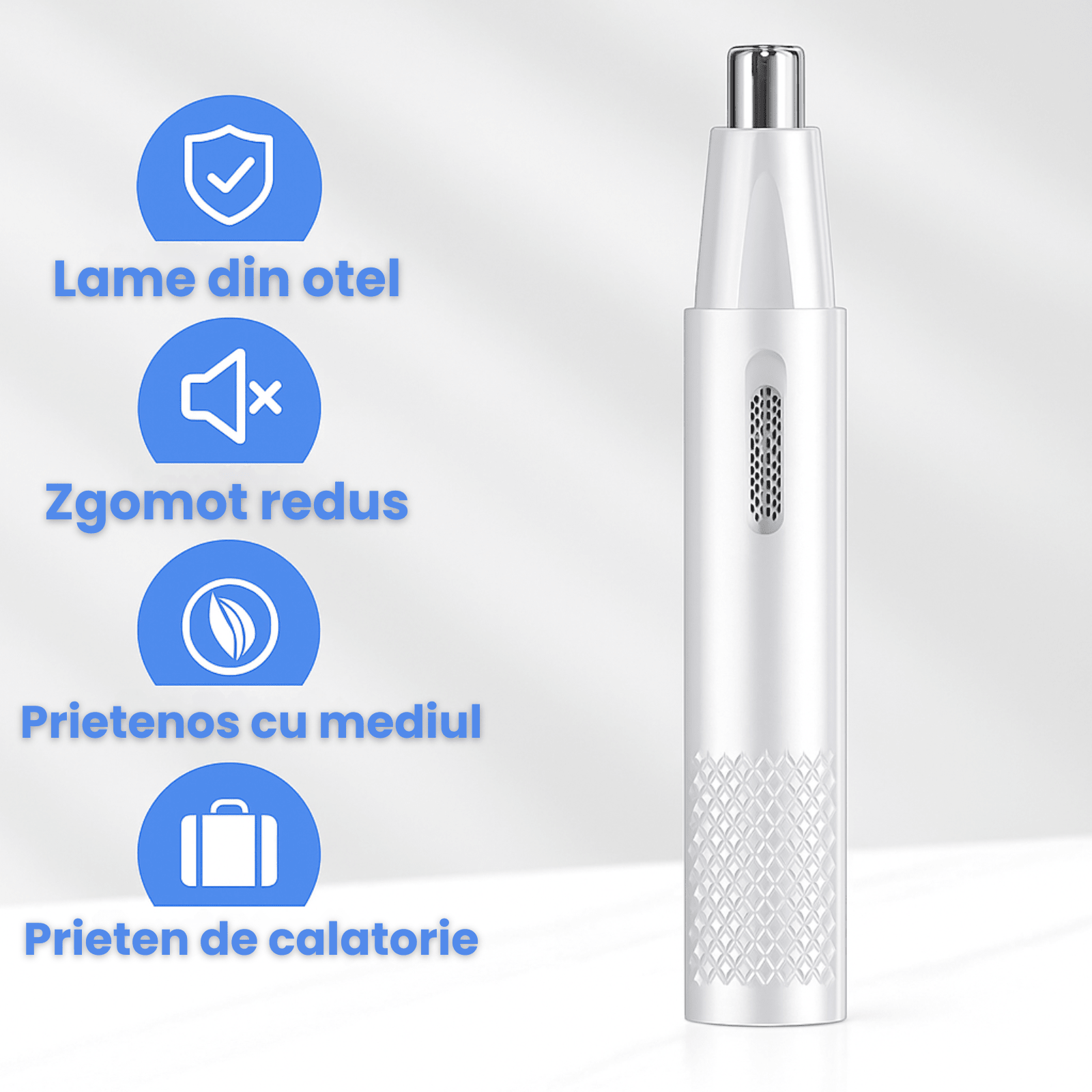 Aparat Tuns Par Nas si Urechi HASEPE, Trimmer Facial Electric USB, Lame Otel Inoxidabil, Cap Rotativ, Design Compact 15x1cm, Curatare Usoara, Alb - HASEPE