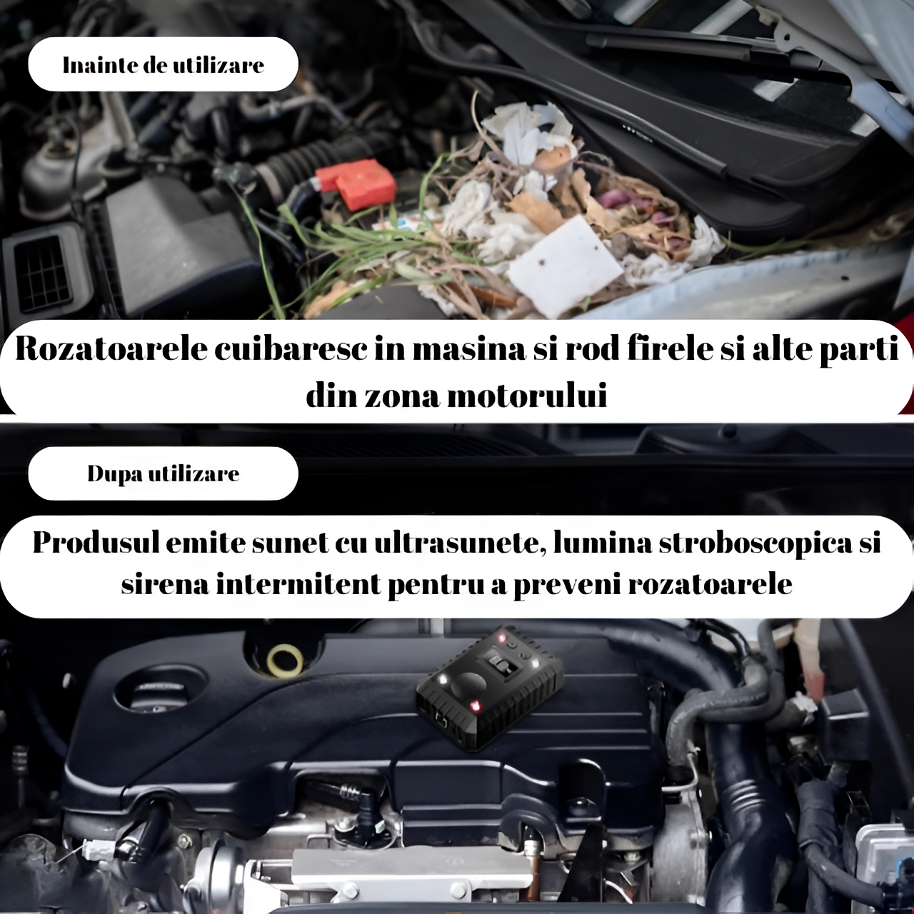 Aparat Anti Rozatoare Auto HASEPE, Anti Soareci si Sobolani, Protectie Motoare Masini si Garaje, Ultrasunete si LED Stroboscopic, Alimentare 12V/24V, Mod Standby Automat, Negru