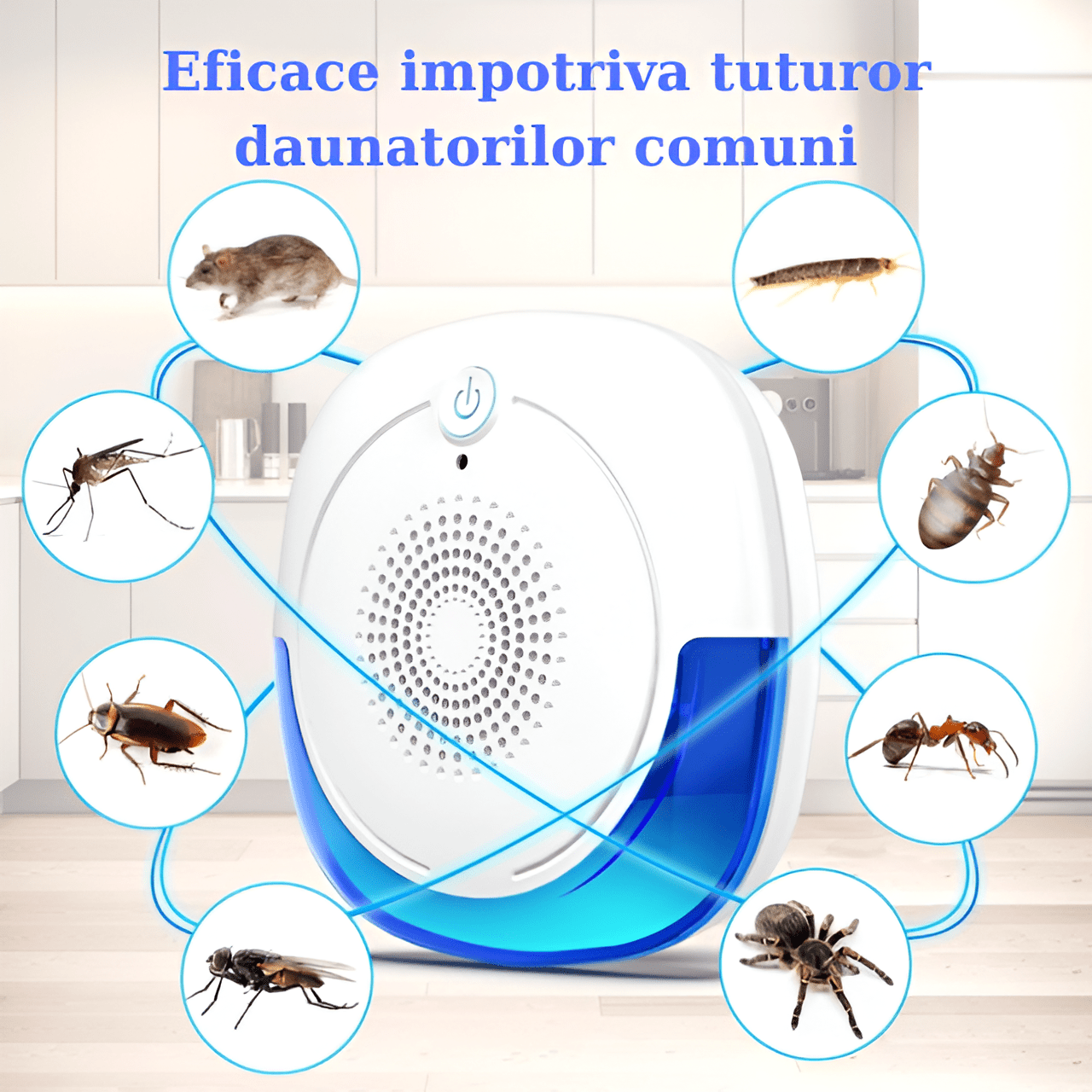 Aparat Impotriva Rozatoarelor si Insectelor HASEPE, Control Electronic cu Ultrasunete 12 - 150Hz, Anti Gandaci si Tantari, Acoperire 160mp, Protectie 360°, Fara Chimicale, Alb - HASEPE